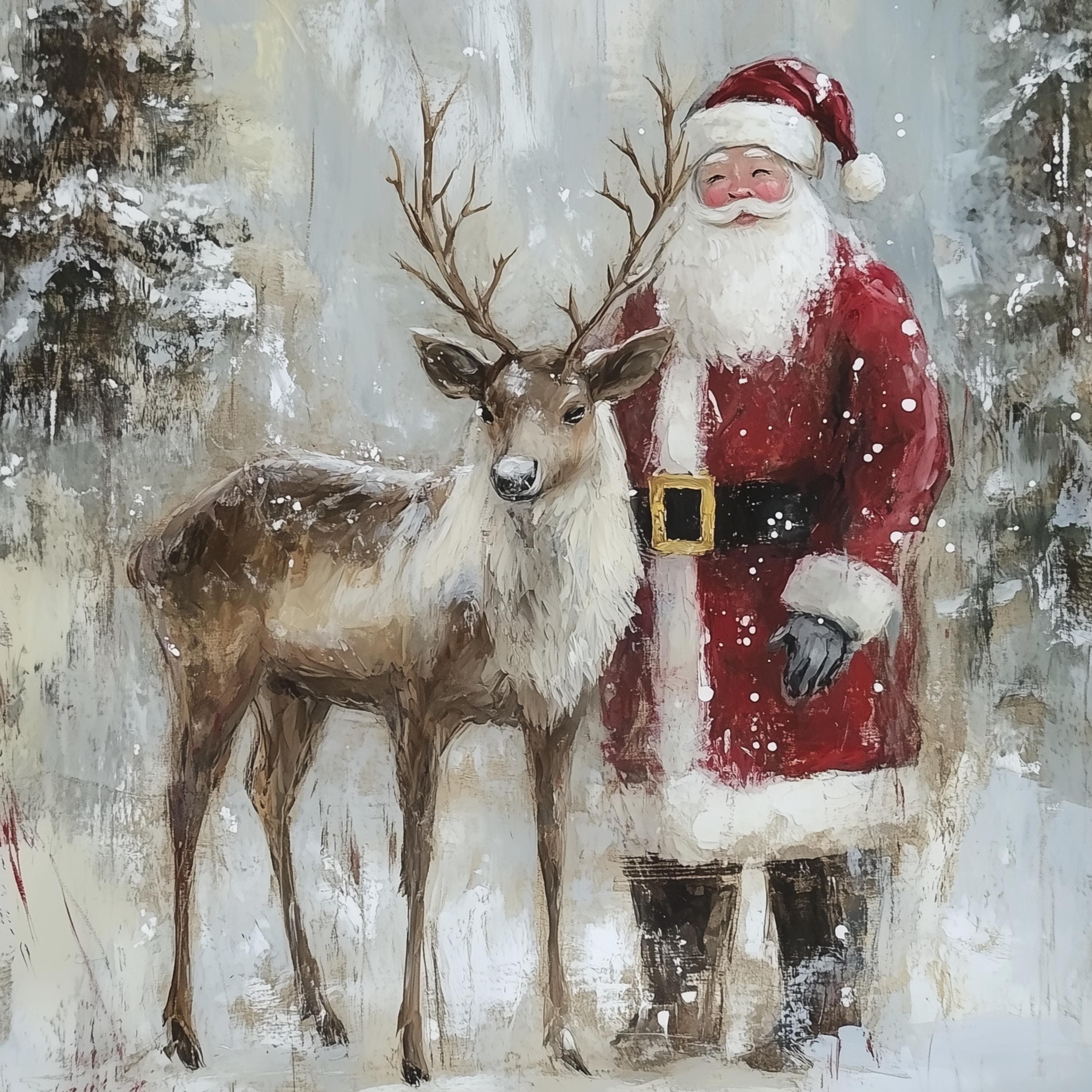 Santa Claus Reindeer Wall Art Print, Forest Snowfall in Winter Printable, Christmas Home Decor, Digital Download, Holiday Home Improvement - view 2