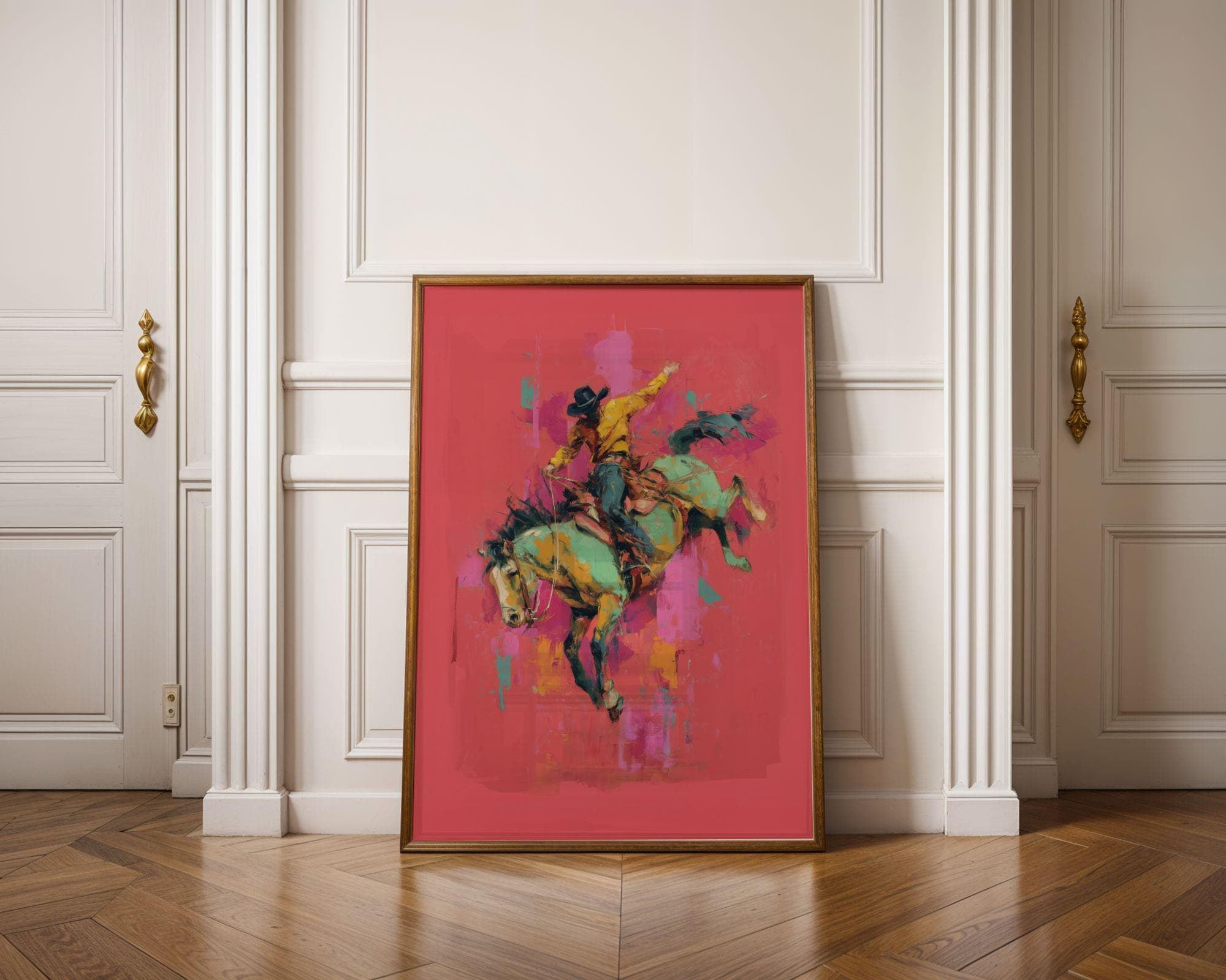 Bucking Bronco Cowboy Wall Art – Abstract Horse Print, Neon Western Decor, Vibrant Rodeo Art, Abstract Cowboy Decor, Pink Aesthetic Decor