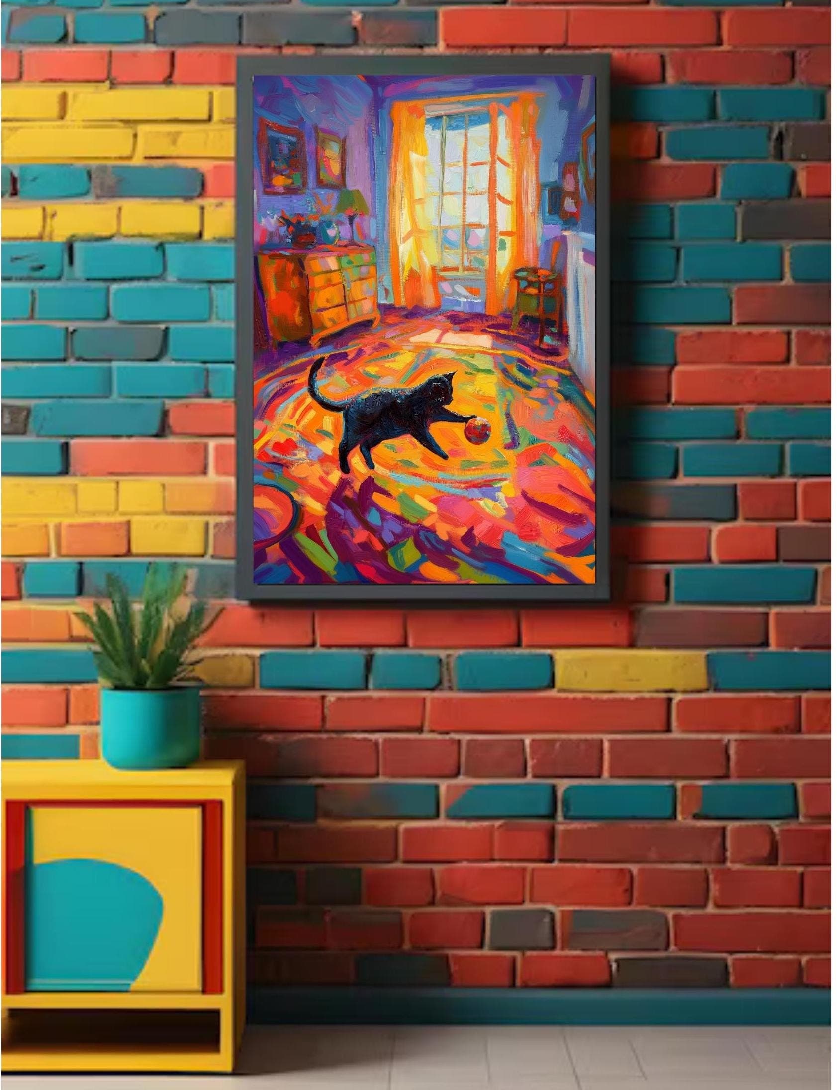 Whimsical Black Cat with Ball, Abstract Art Print, Colorful Painting, Trendy Cute Apartment Decor, Maximalist Black Cat Wall Art, Cat Poster - view 4