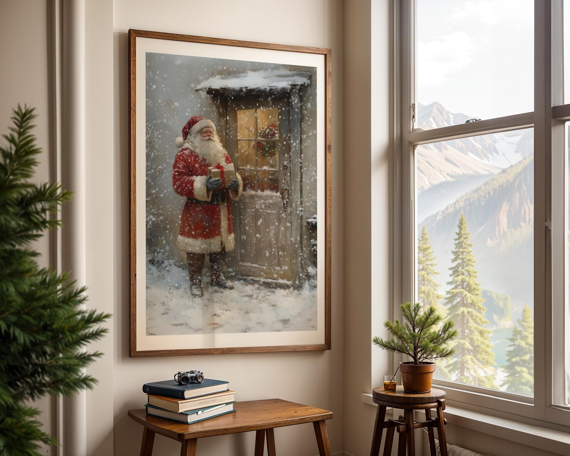 Santa with Gift at Door Art, Cozy Holiday Wall Canvas for Christmas, Rustic Santa Wall Art, Traditional Santa Claus Art, Digital Download - view 3