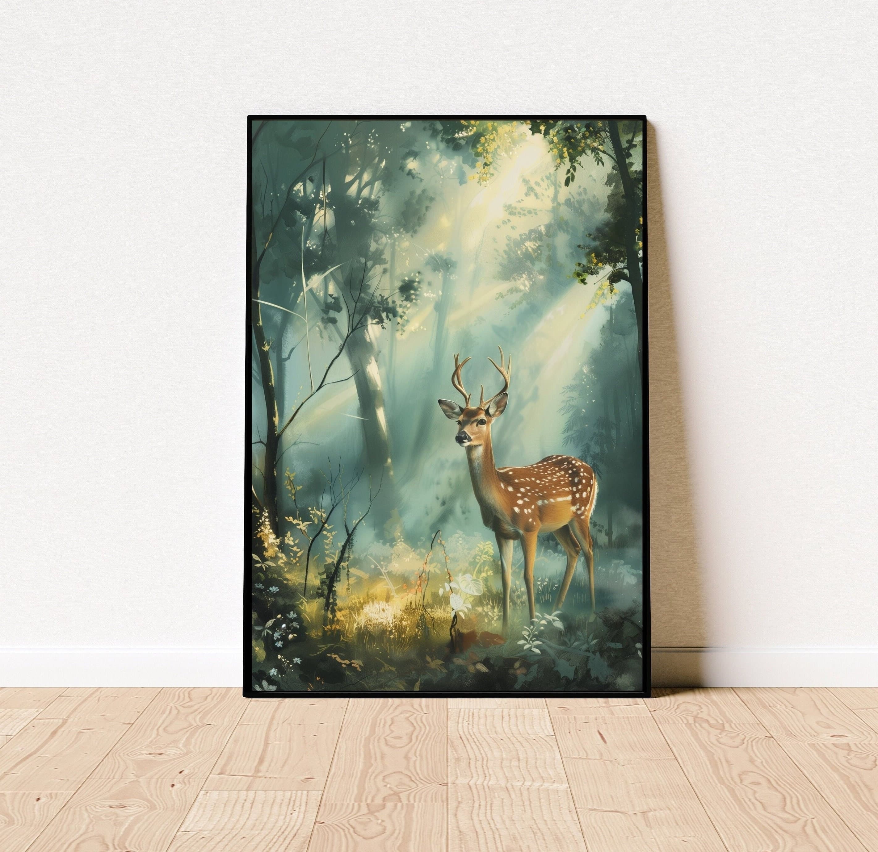 Watercolor Deer Wall Art, Oil Painting, Serene Deer Poster, Nature Oil Painting, Forest and Deer Oil Painting, Woodland Deer Oil Painting