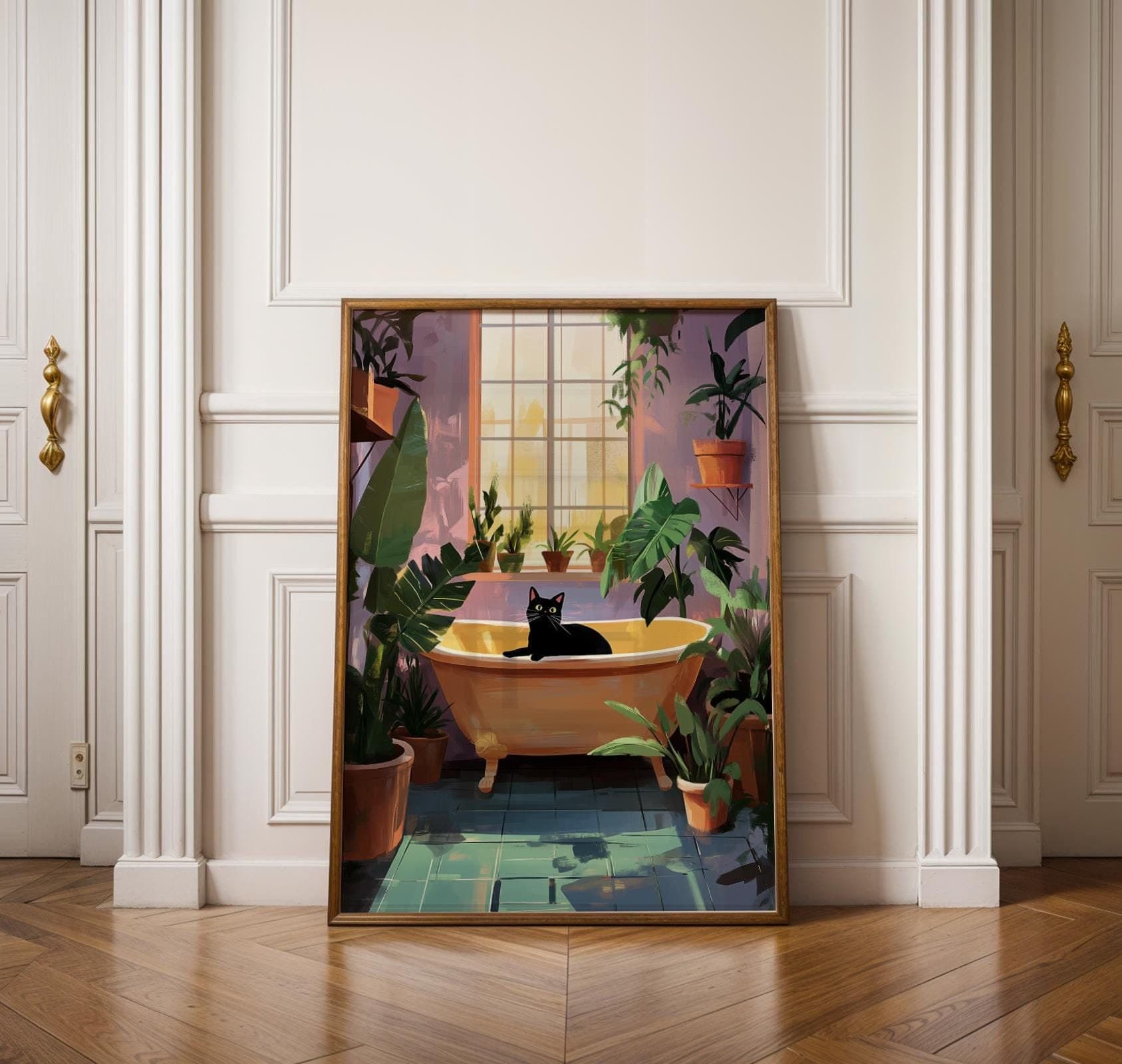 Bath Cat Print Funny, Purple Painting Poster, Animal Wall Art, Quirky Cat Decor, Bathtube Wall Art, Cat in Bathroom Art, Maximalist Cat Art