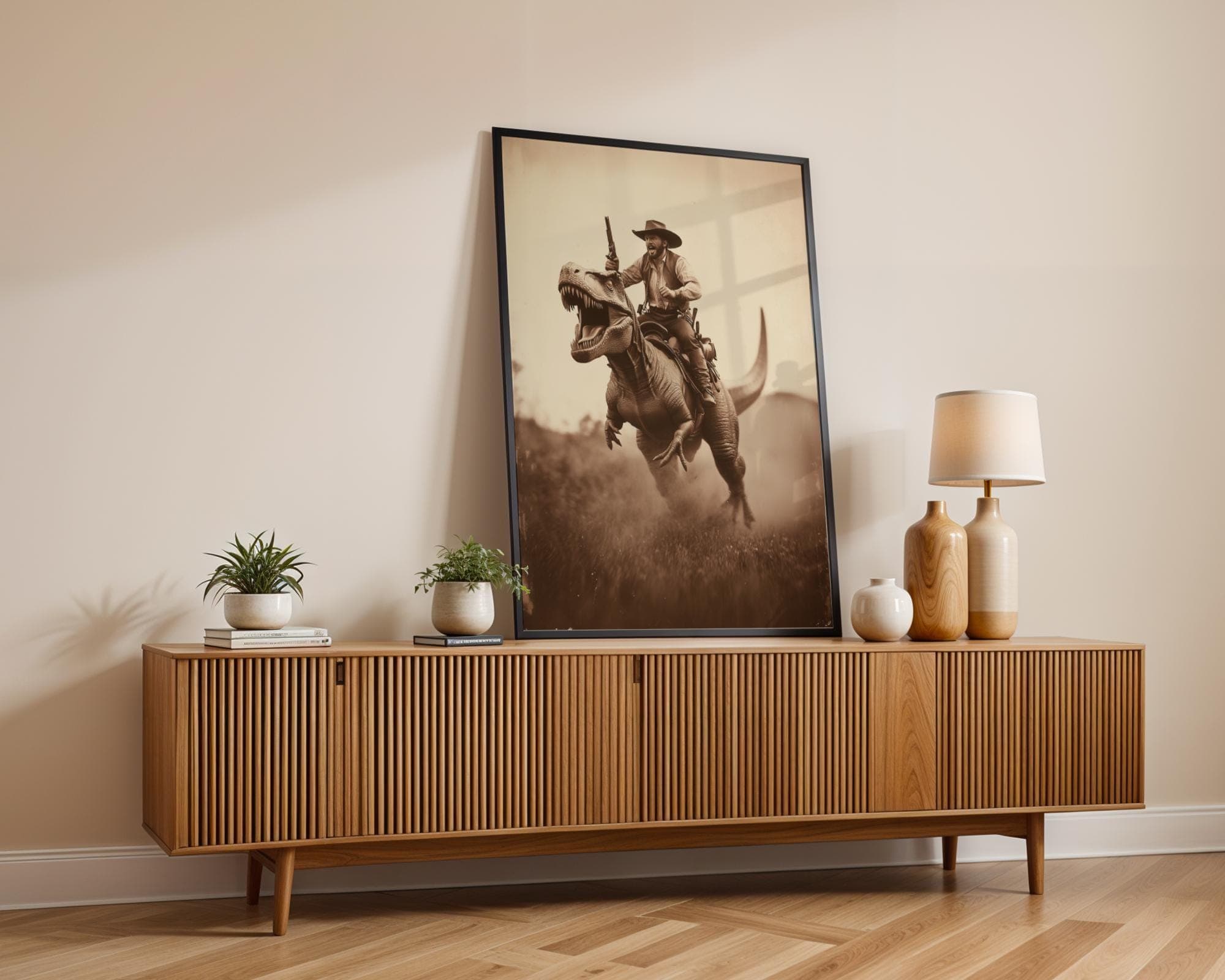Cowboy Riding Dinosaur Wall Art Print, Western Style Print, Prehistoric Dinosaur Poster, Wild West Dinosaur Cowboy Print, Sepia Poster - view 5