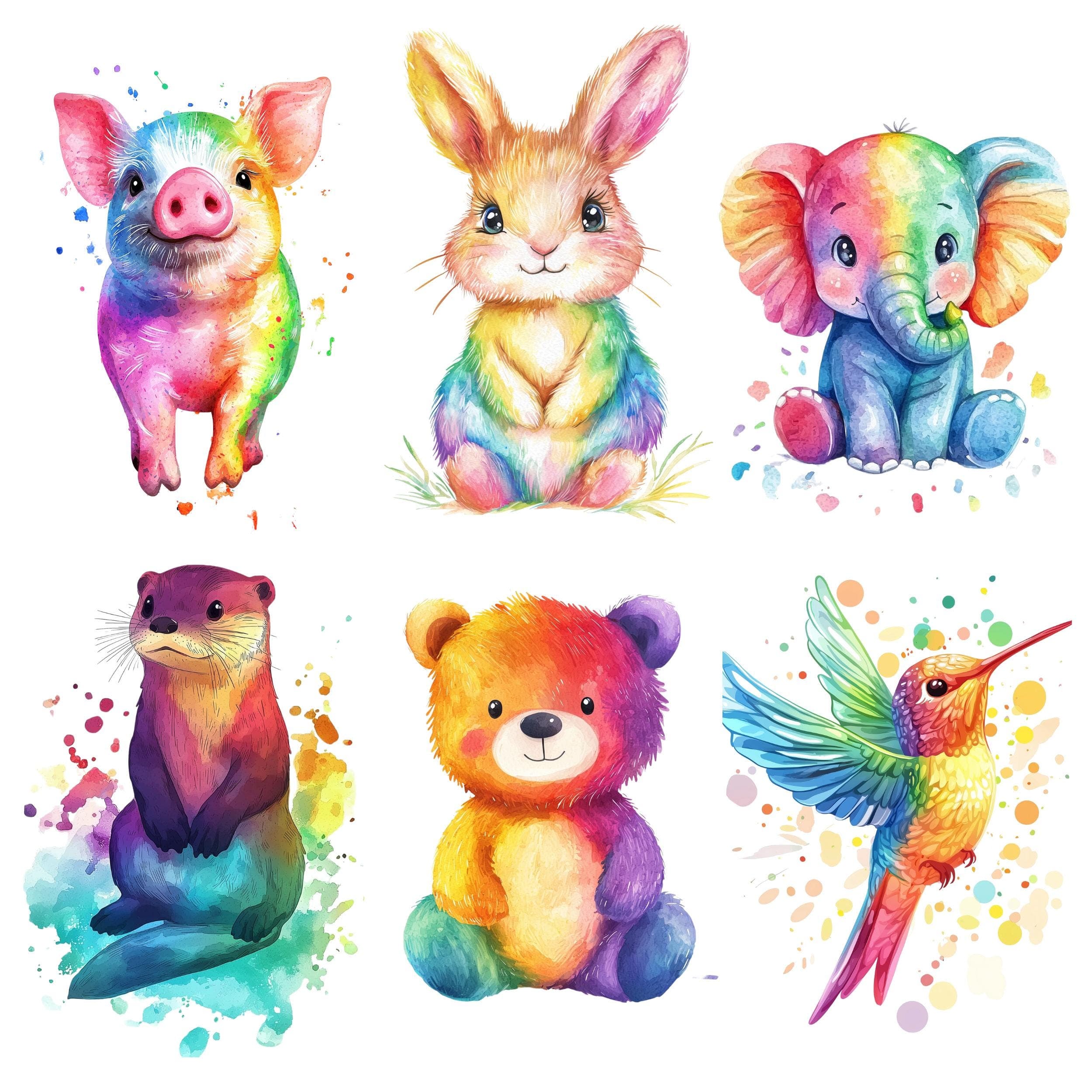 Watercolor Rainbow Animals Clipart, Colorful Animals Design, Cute Animals PNG, Safari Animals PNG, Commercial Use, Colorful Cute Animals - view 5