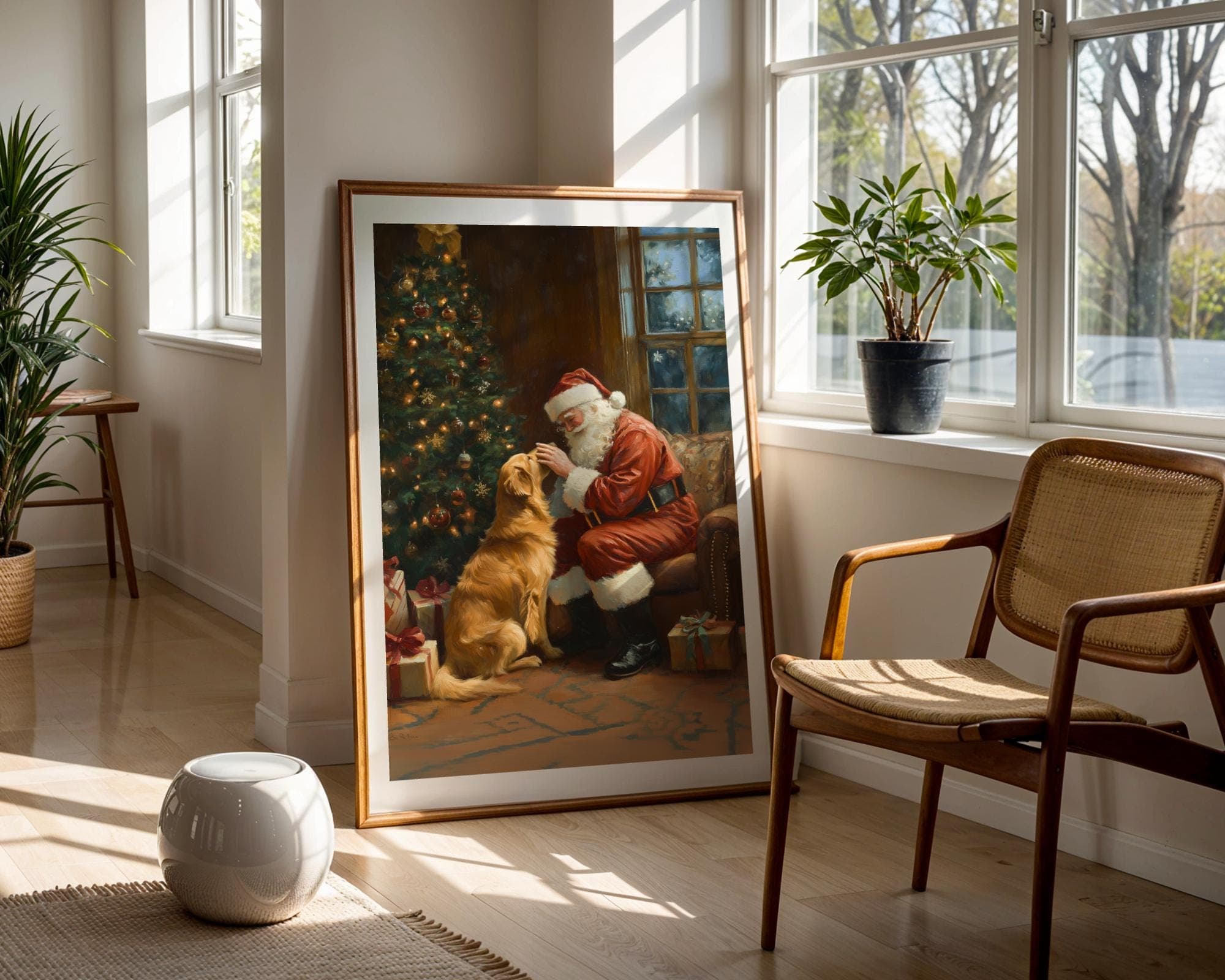 Santa and Golden Retriever - Cozy Christmas Wall Art Print, Warm Holiday Wall Art Print, Golden Retriever Christmas Art, Digital Download - view 6