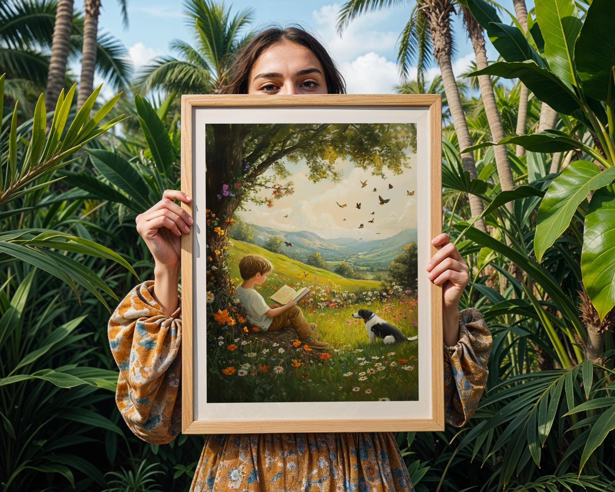 Fairytale Nature Art, Colorful Nature Landscape Art, Child and Dog Under Tree in Flower Meadow, Fantasy Landscape Art Print Digital Download - view 7