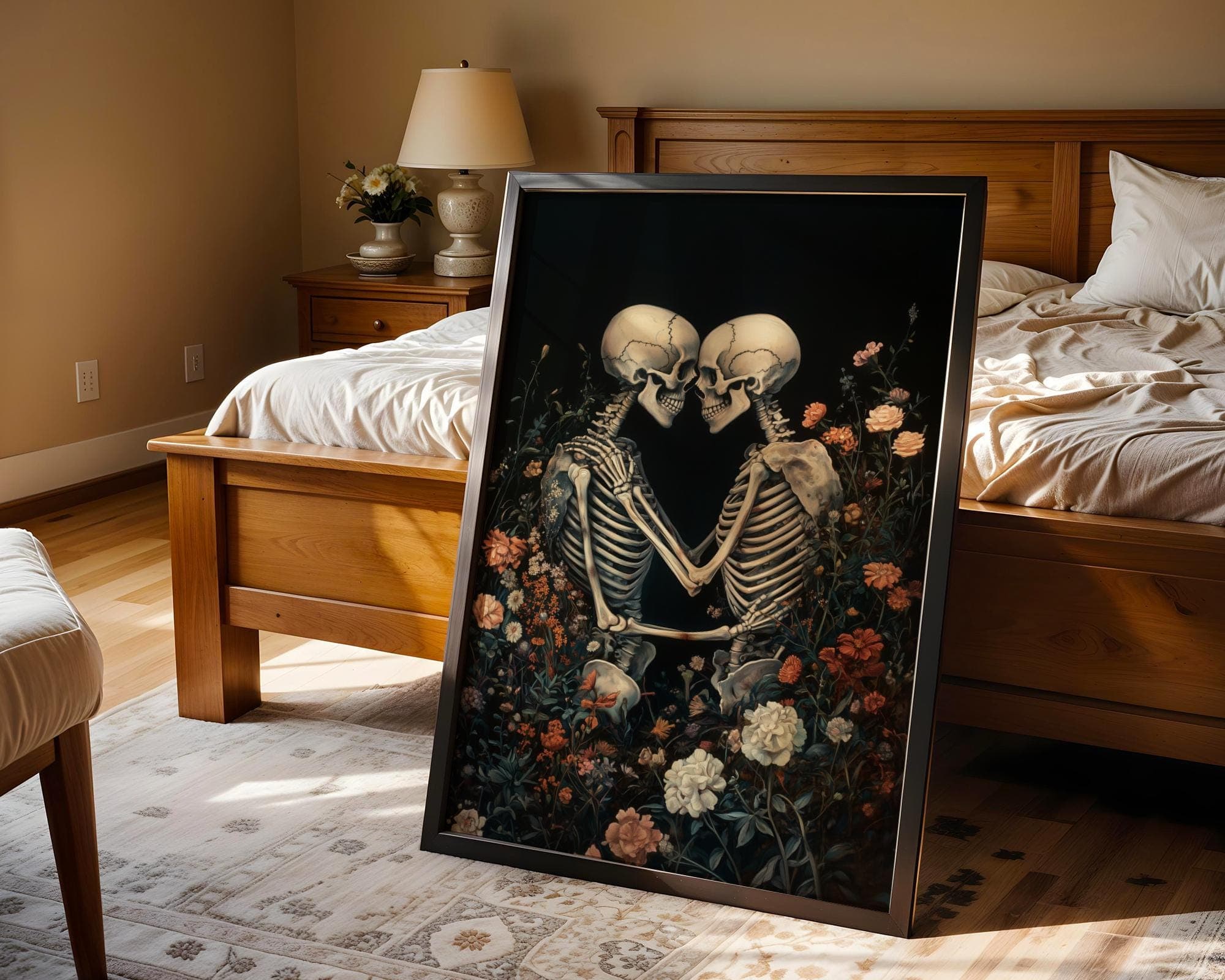 Floral Skeleton Embrace Print – Gothic Love Wall Art, Skeleton Couple Wall Art, Vintage Floral Gothic Romance Print, Floral Skeleton Poster - view 4