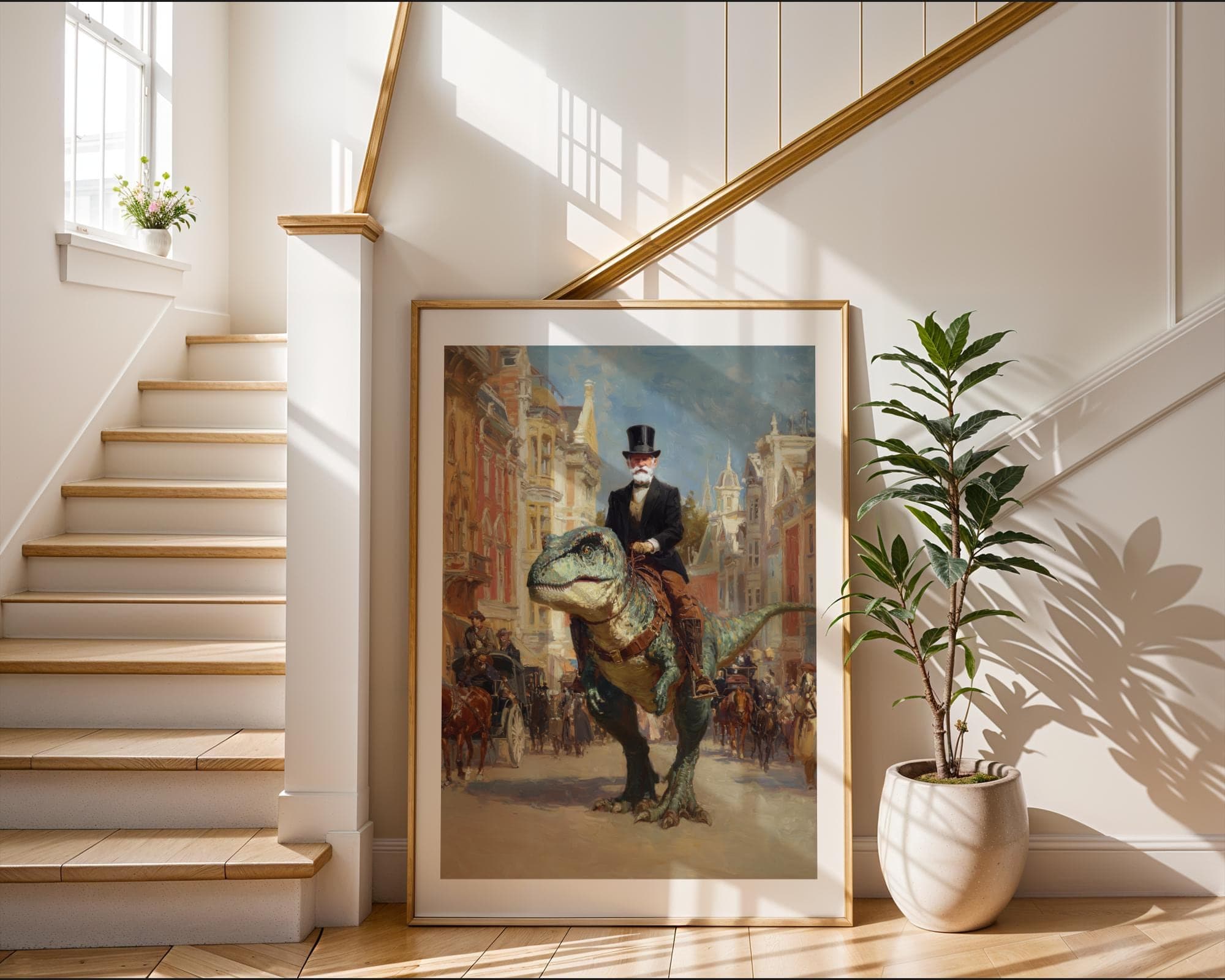 Victorian Gentleman Riding Dinosaur Wall Art, Historical Surrealism Home Decor, Funny Vintage Printable Art, Surrealist Digital Art - view 5
