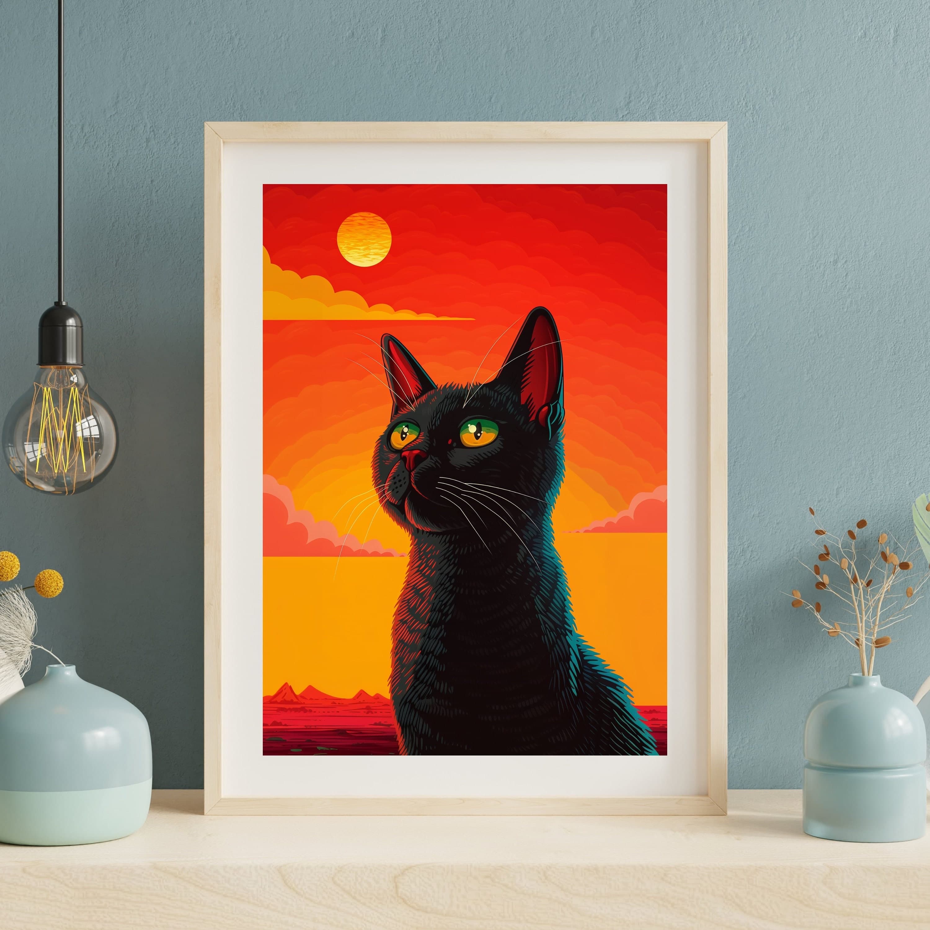 Black Cat Painting with Sunset, Black Cat Poster, Dopamine Decor, Cat Art Print,Cat mom gift, Black Cat Drawing Print, International Cat Day - view 3