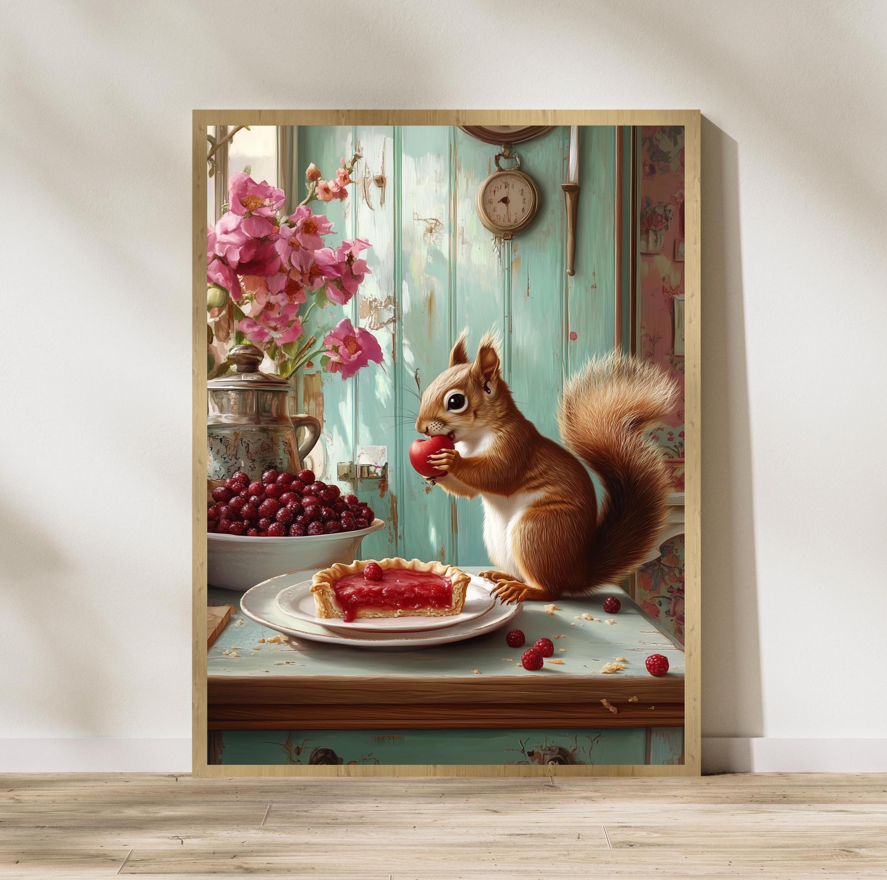 Whimsical squirrel with raspberry tart poster | Vintage kitchen art | Cute woodland animal painting, Rustic kitchen wall art, Kitchen Decor
