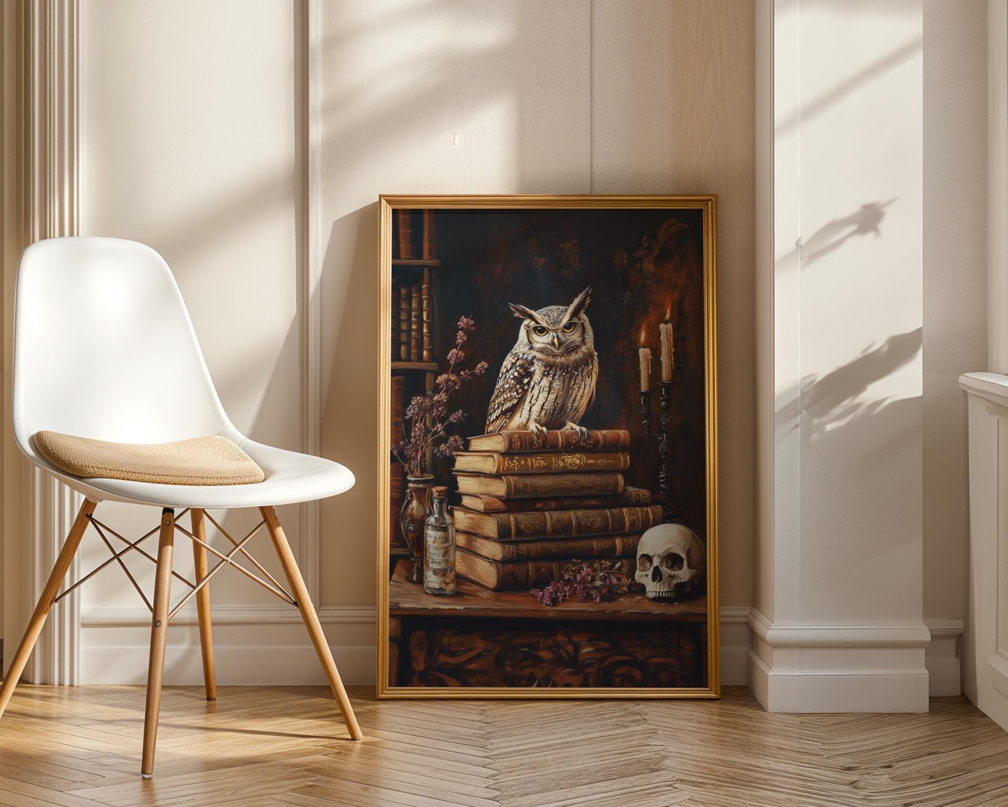 Gothic Owl and Skull Wall Art, Antique Owl Candlelit Art, Dark Academia Candlelit Library Painting, Vintage Book Stack Print, Gothic Art - view 5