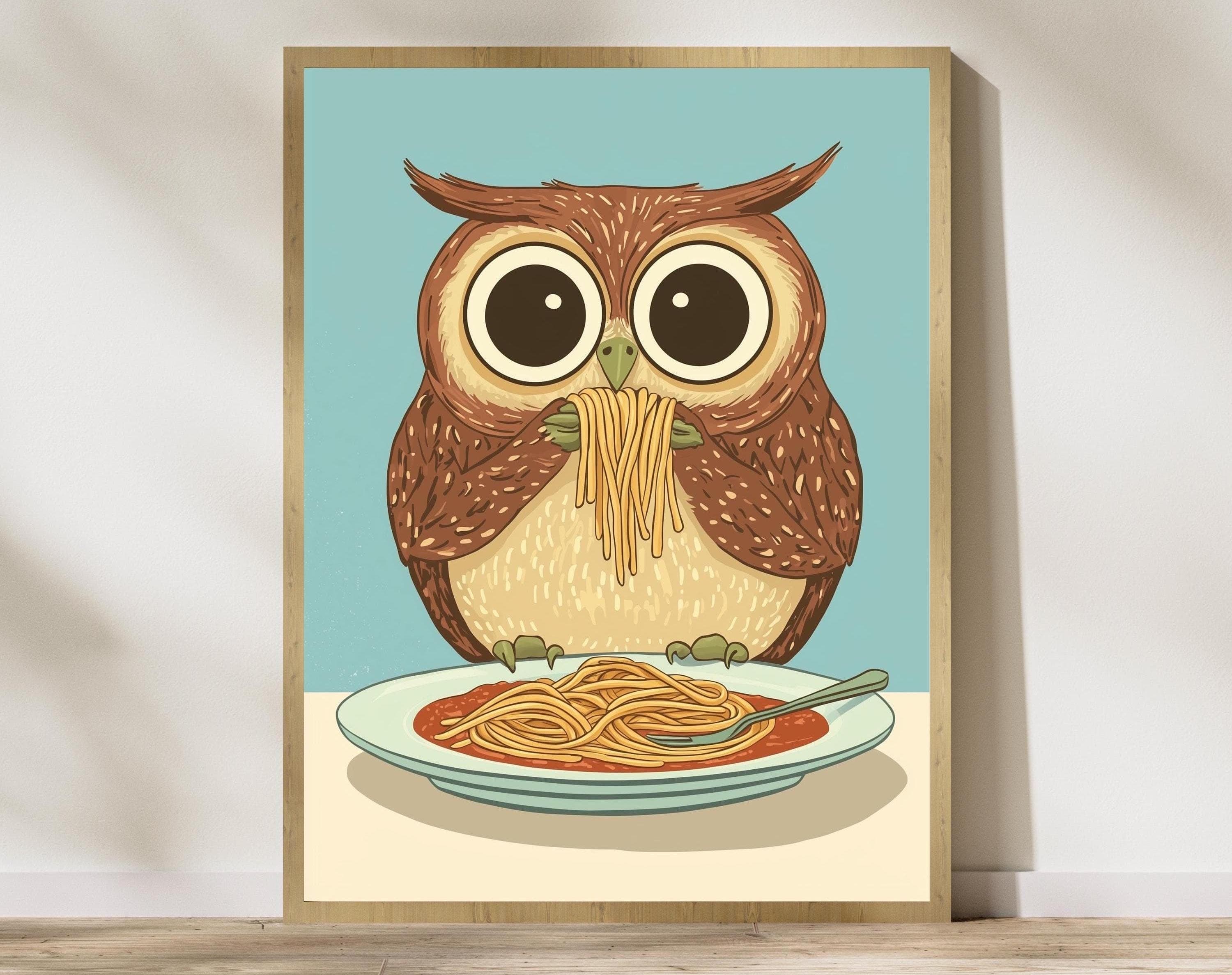 Owl Spaghetti Art Print,Whimsical Owl Kitchen Decor, Owl Pasta Print, Charming Owl Kitchen Print, Maximalist Owl Art, Owl Wall Prints