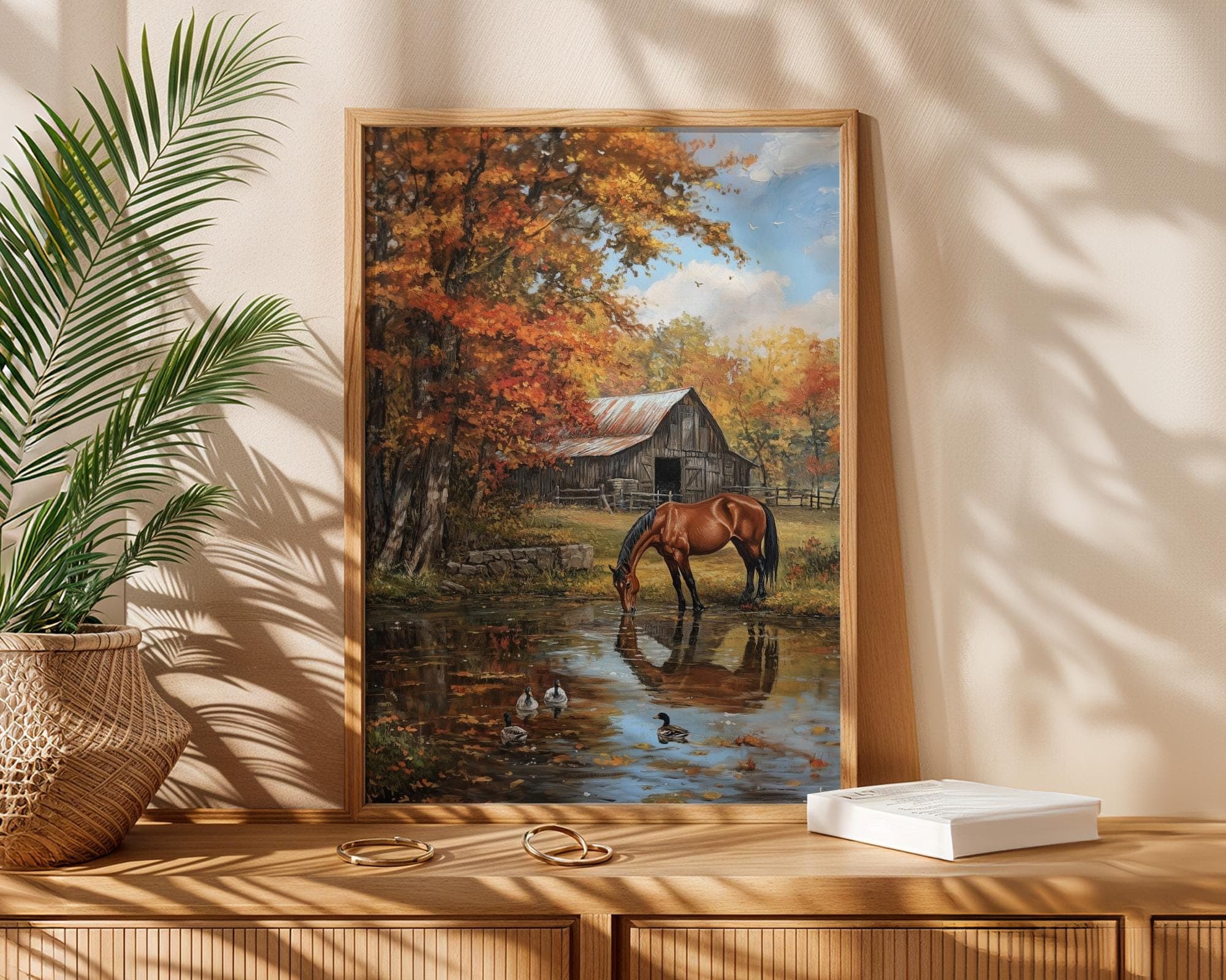 Pastoral Horse Farm Wall Print, Farmhouse Nature Wall Decor, Golden Fall Countryside Print, Countryside Reflection Print, Digital Download - view 5