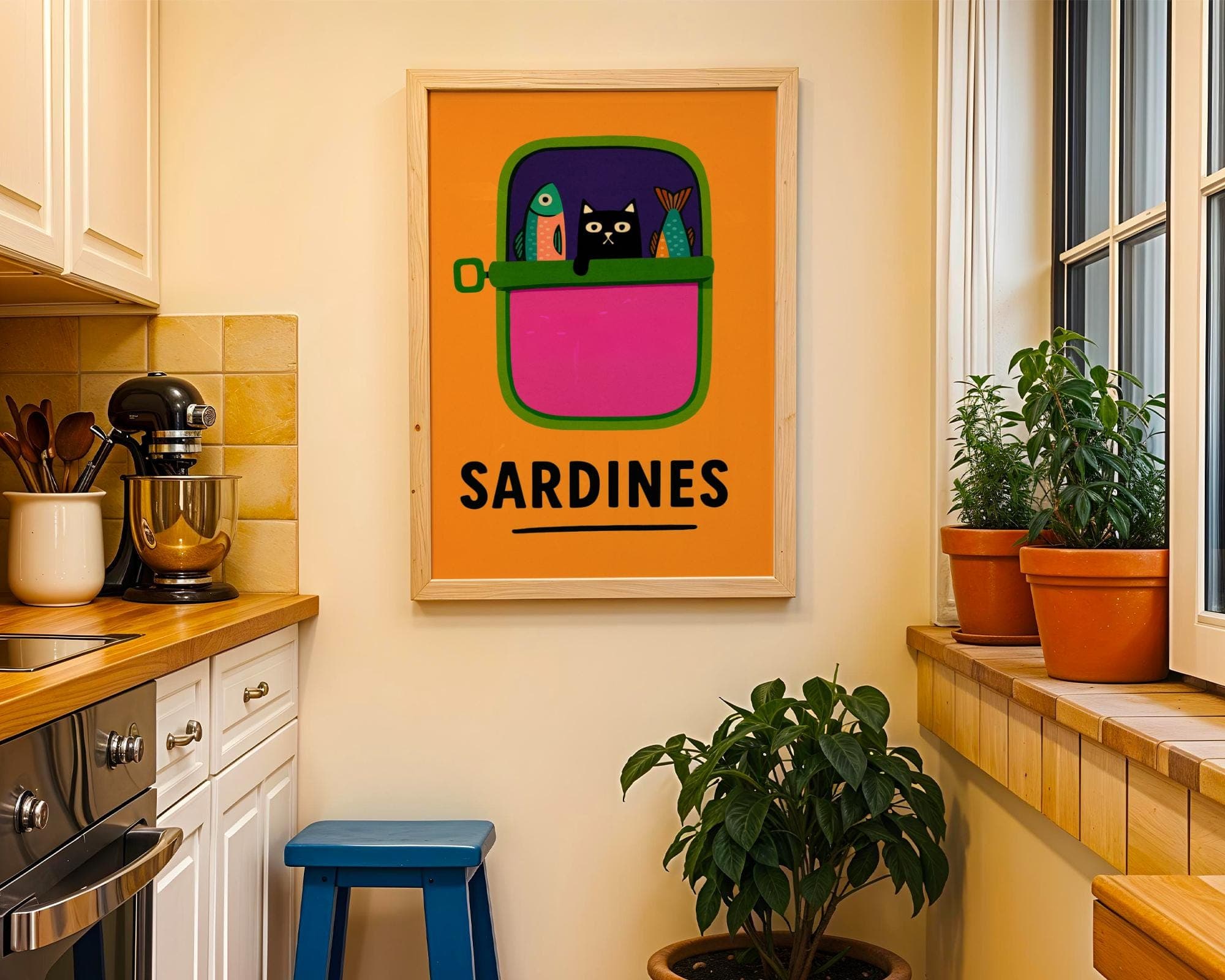 Funny Black Cat Wall Art, Black Cat in Sardine Tin with Colorful Fish, Funny Kitchen Wall Art, Sardine Tin Wall Art, Retro Pop Art Print - view 3