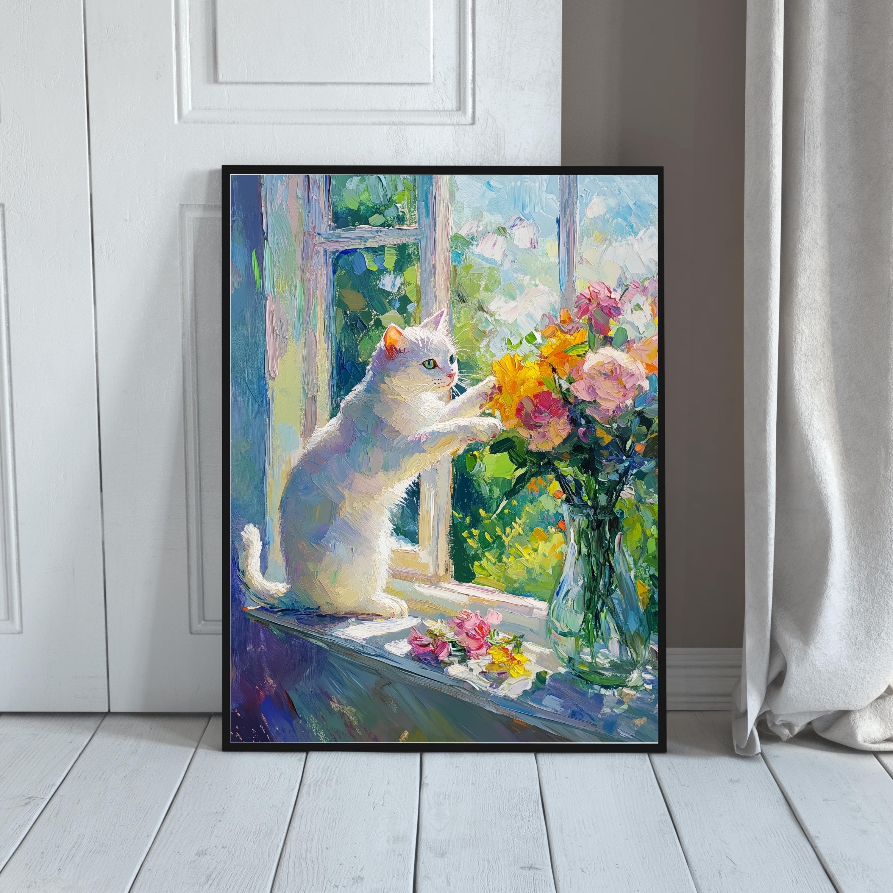 Whimsical White Cat Art, Colorful Oil Painting, White Cat and Flowers Digital Wall Art, Cat Mom Gift, Colorful Home Decor White Cat Painting - view 3