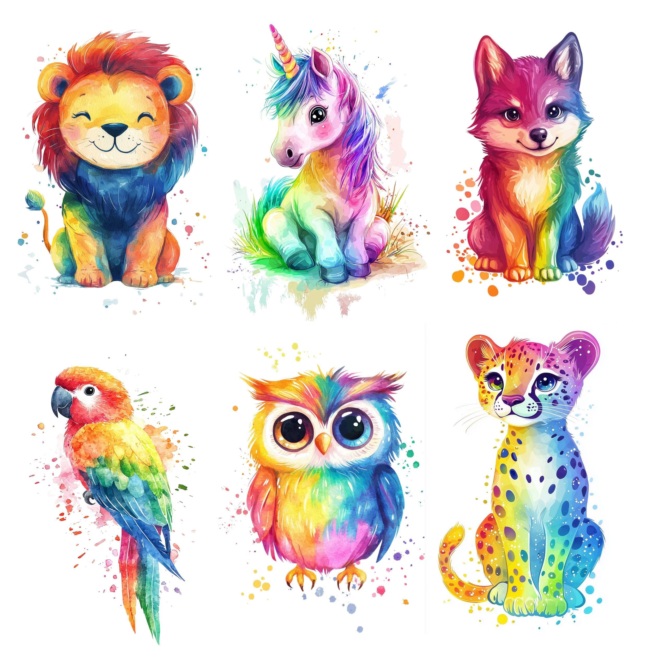 Watercolor Rainbow Animals Clipart, Colorful Animals Design, Cute Animals PNG, Safari Animals PNG, Commercial Use, Colorful Cute Animals - view 3