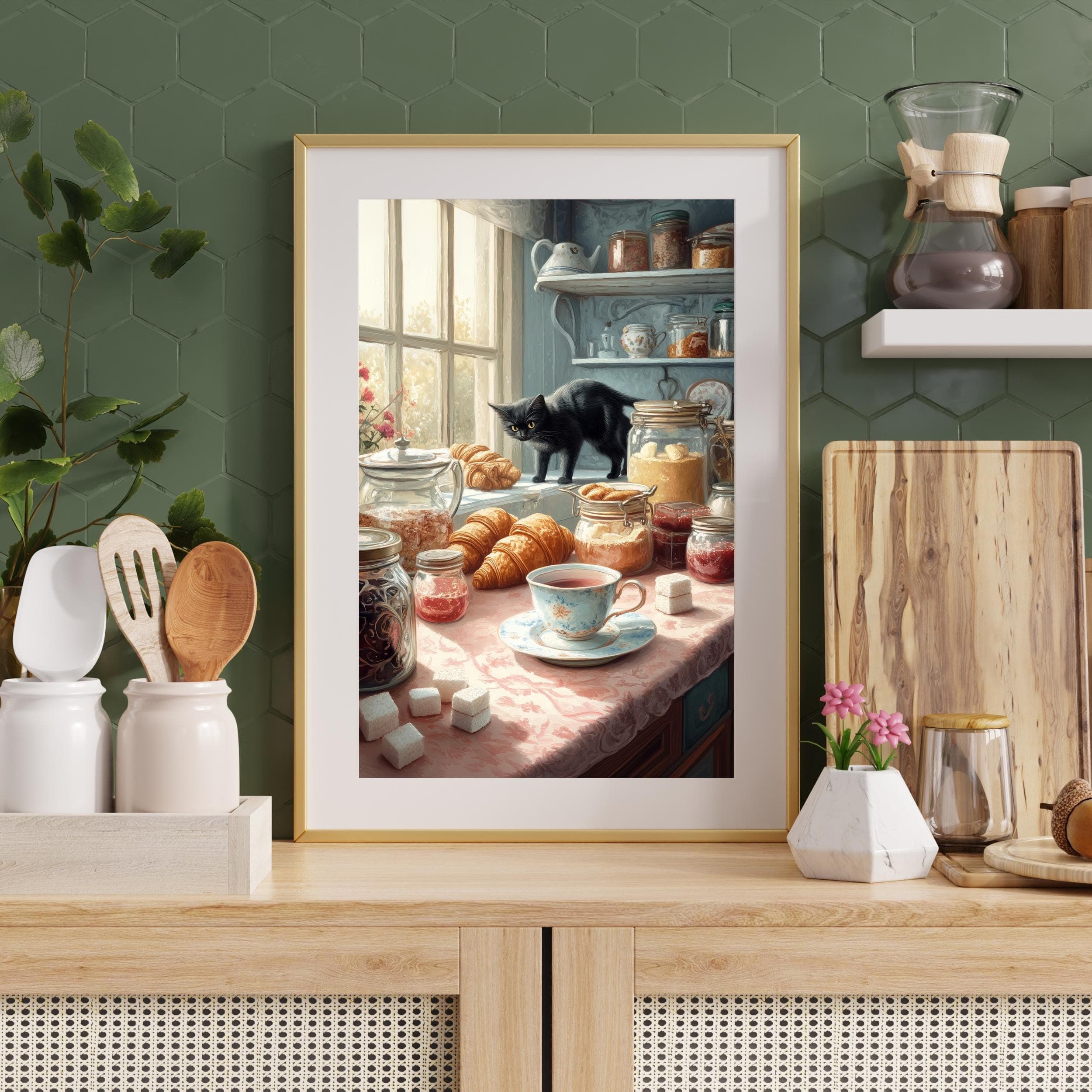 Whimsical Black Cat with Pastries Art, Farmhouse Kitchen Art, Digital Animal Wall Art, Black Cat Kitchen Poster, Kitchen Wall Decor - view 6
