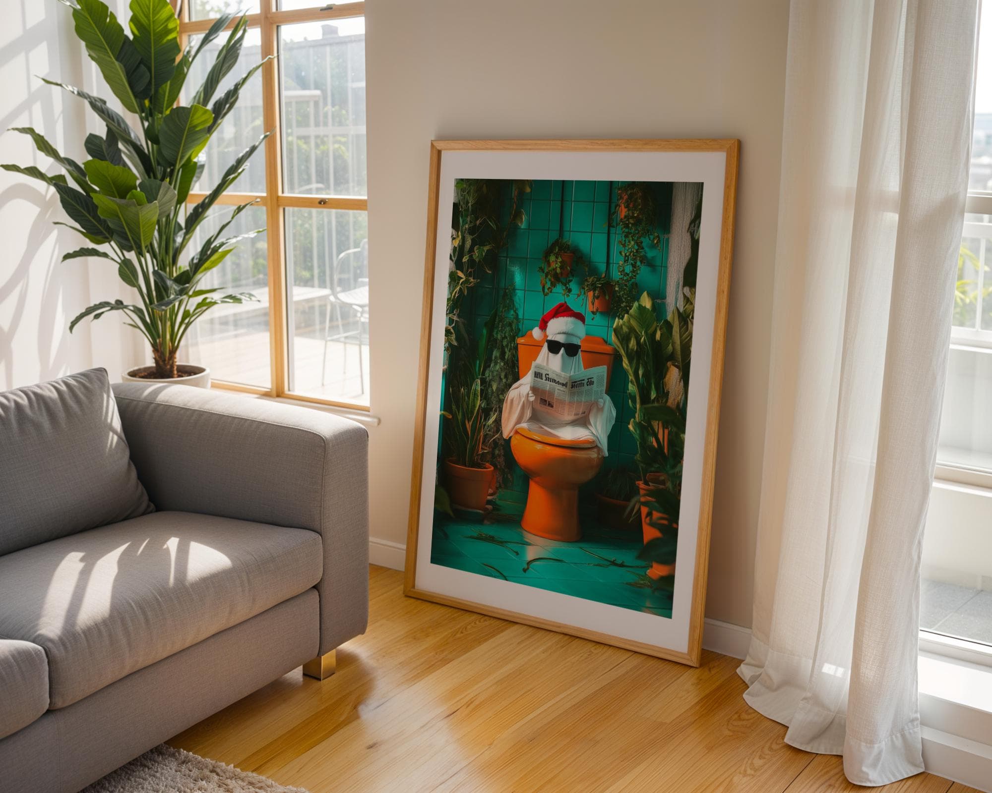 Funny Ghost Bathroom Art, Funny Ghost on Toilet, Funny Bathroom Decor, Retro Orange Toilet Art - Funky Bathroom Decor, Quirky Toilet Print - view 6