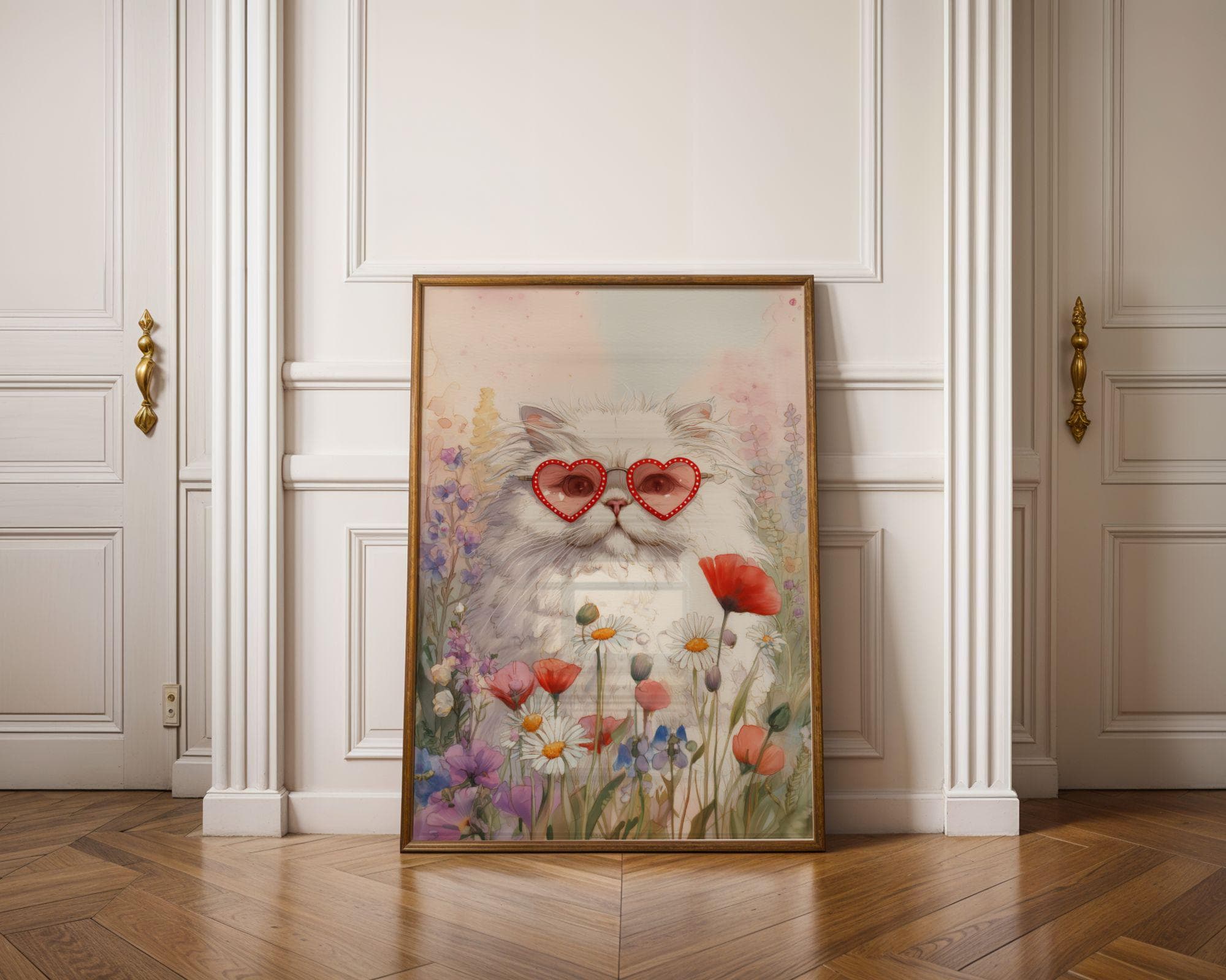 Cute Cat Wall Art Print, Watercolor White Cat in Heart Sunglasses, Floral Meadow, Pink Girly Decor, Cottagecore Cat Wall Art, Kidsroom Art - view 7