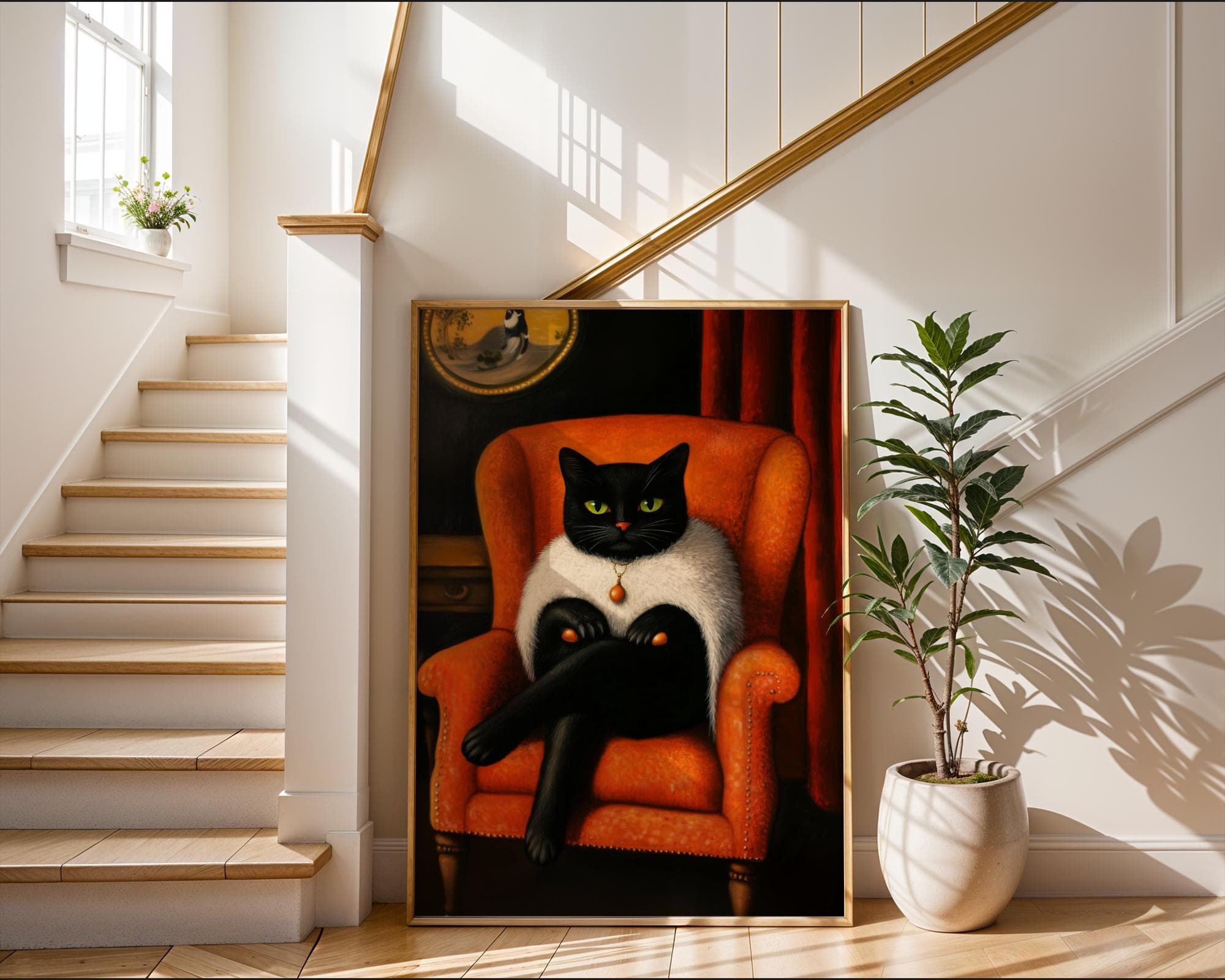 Vintage Black Cat Portrait, Orange and Black Decor Print, Black Cat in Orange Chair, Cool Cat Wall Art, Aristocratic Black Cat Wall Art - view 3