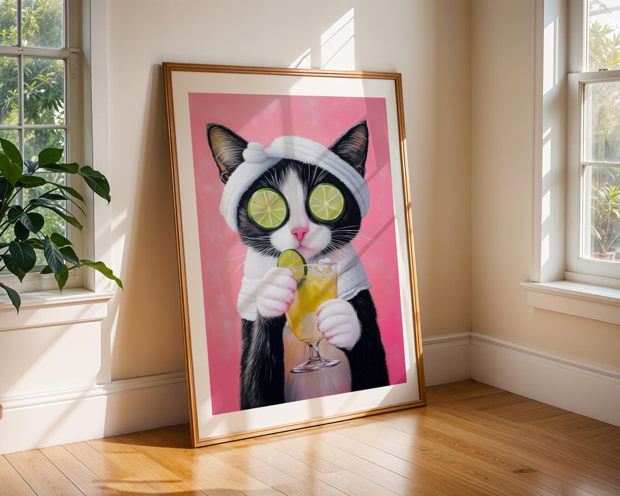 Quirky Cat Art, Lime and Pink Cat Art, Chic Black Cat Art, Spa Cat Wall Art, Relaxing Cat Portrait, Dopamine Wall Decor, Maximalist Cat Art - view 3