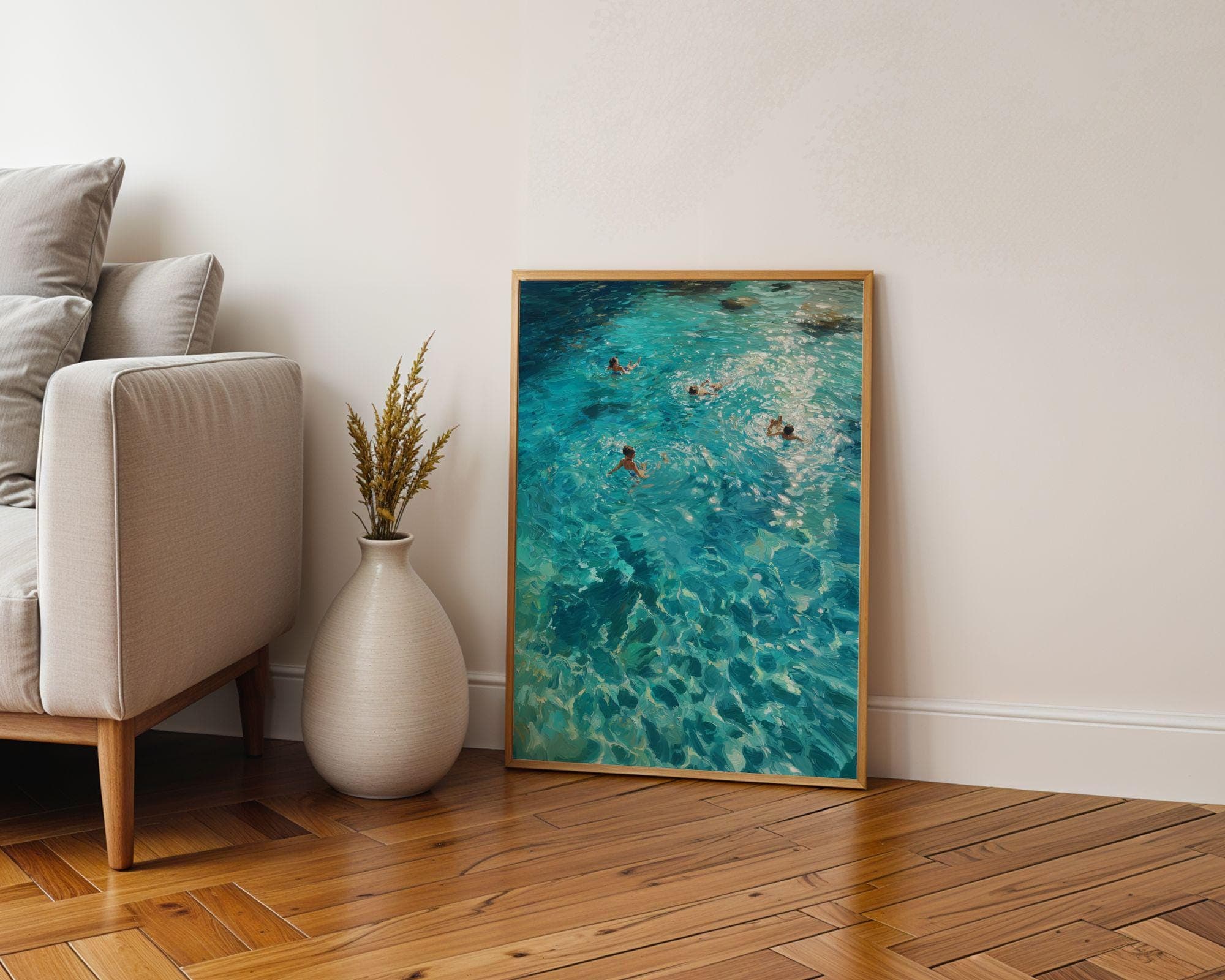 Coastal Wall Art, Turquoise Ocean Swimming Painting, Beach House Wall Decor, Turquoise Sea Wall Art, Seaside Wall Art, Ocean Swim Wall Art - view 6