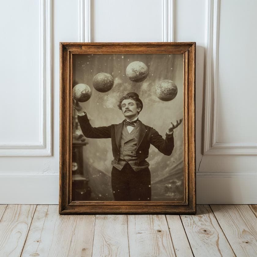 Surreal Victorian Man Wall Art | Planet Juggler Vintage Print, Retro Astral Wall Art, Surreal Celestial Juggler Art, Dark Academia Decor