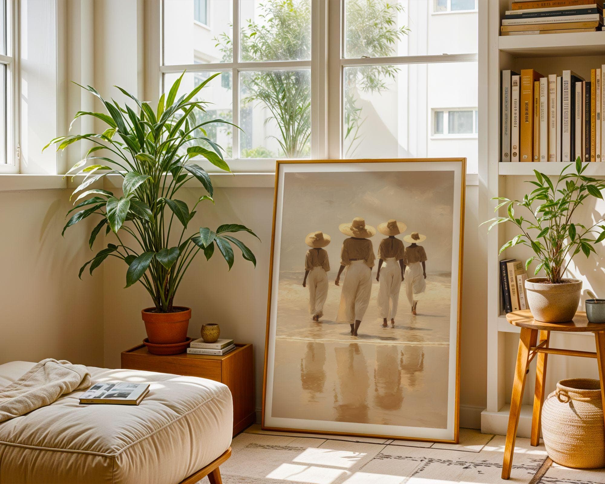 African American Wall Art, Feminine Wall Decor, Beach Wall Art Print, Coastal Women in Straw Hats, Neutral Seascape, Minimal Decor, Digital - view 6