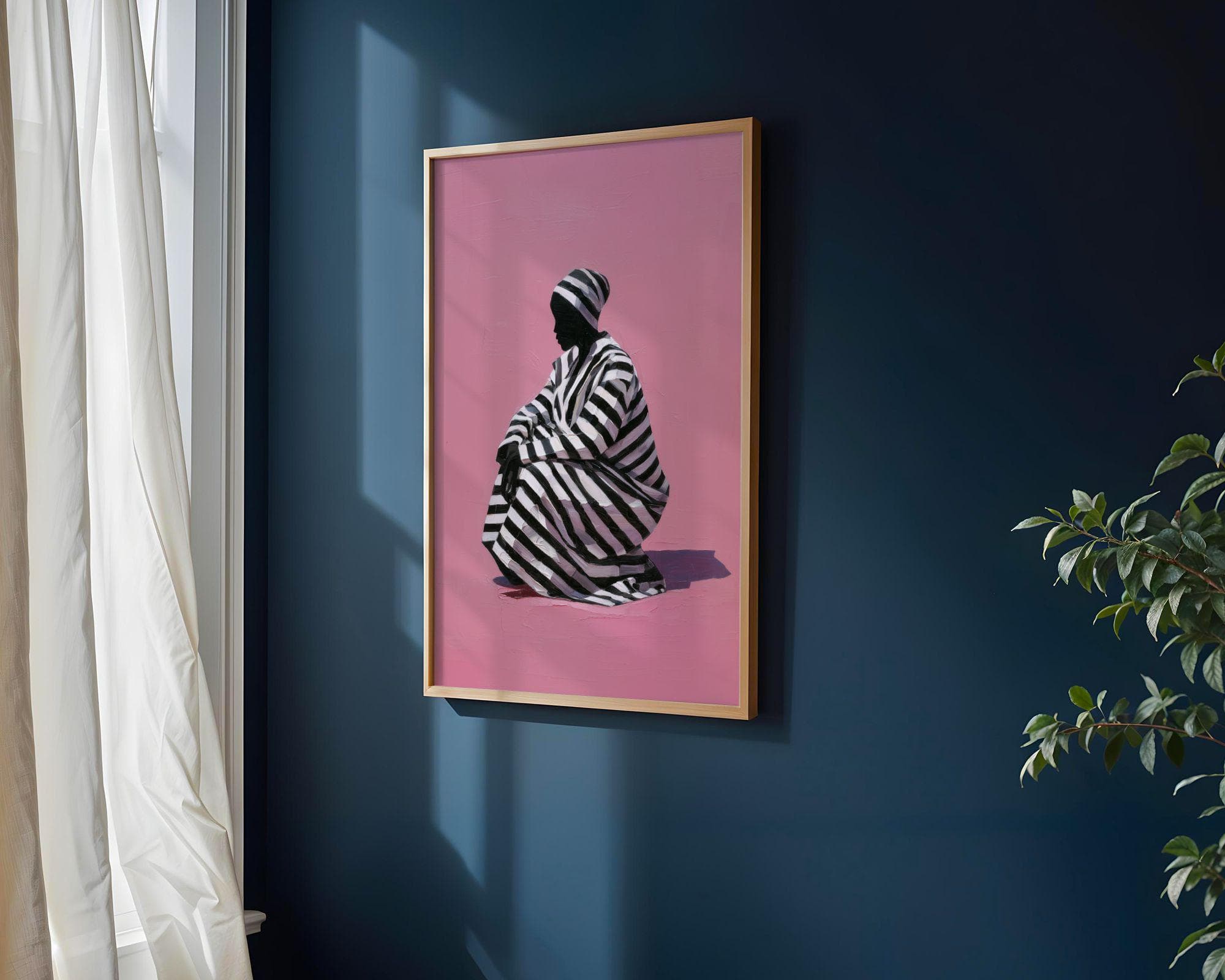 Pink Wall Art Print, Striped Dress Woman Silhouette, Modern Fashion Decor, Bedroom Living Room, Modern Woman Wall Art, Pink Background Print - view 2