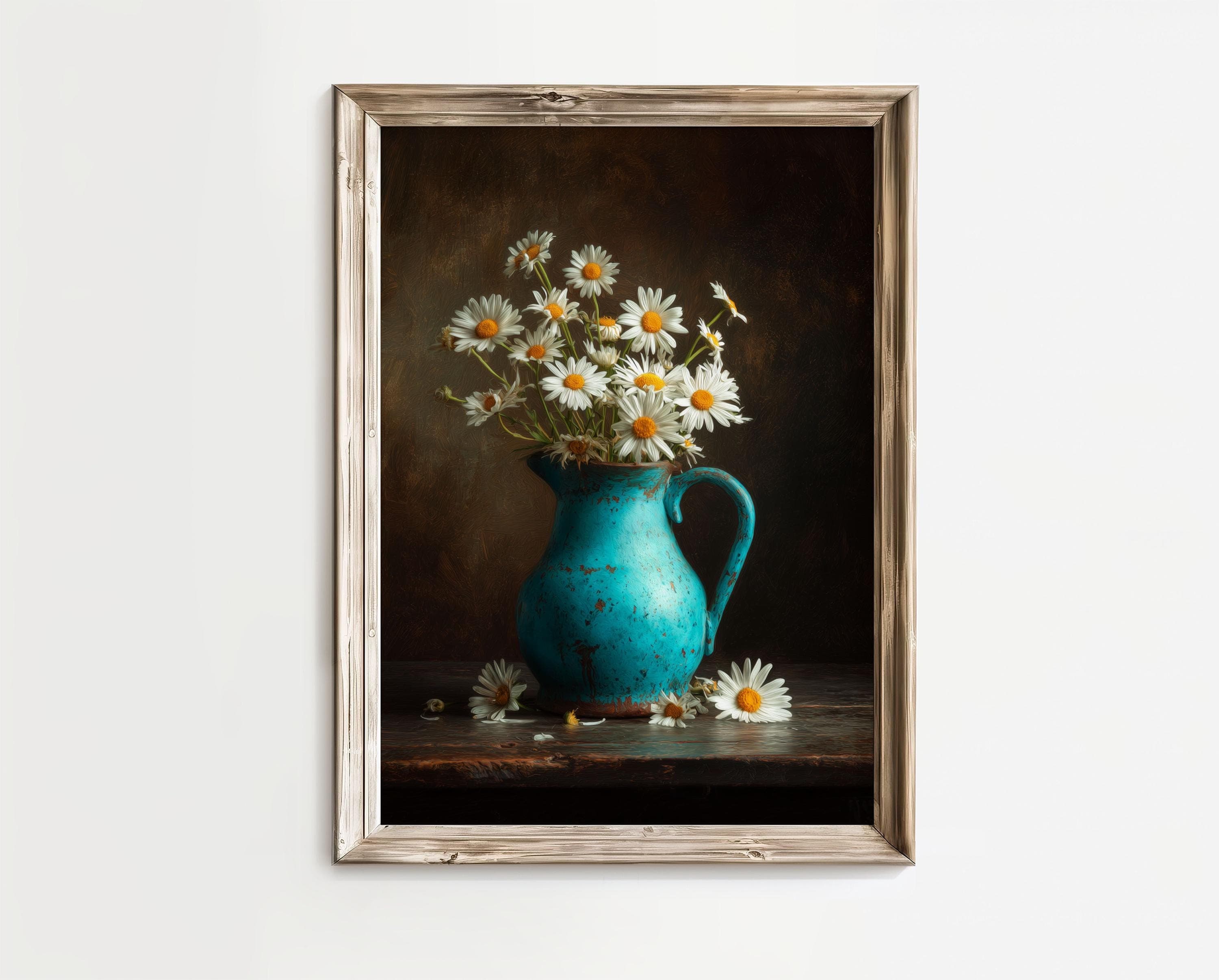 Vintage Daisy Painting Print, Turquoise Jug Daisies, Vintage Floral Poster, Rustic Country Floral Art, Digital Download,Cottage Floral Print