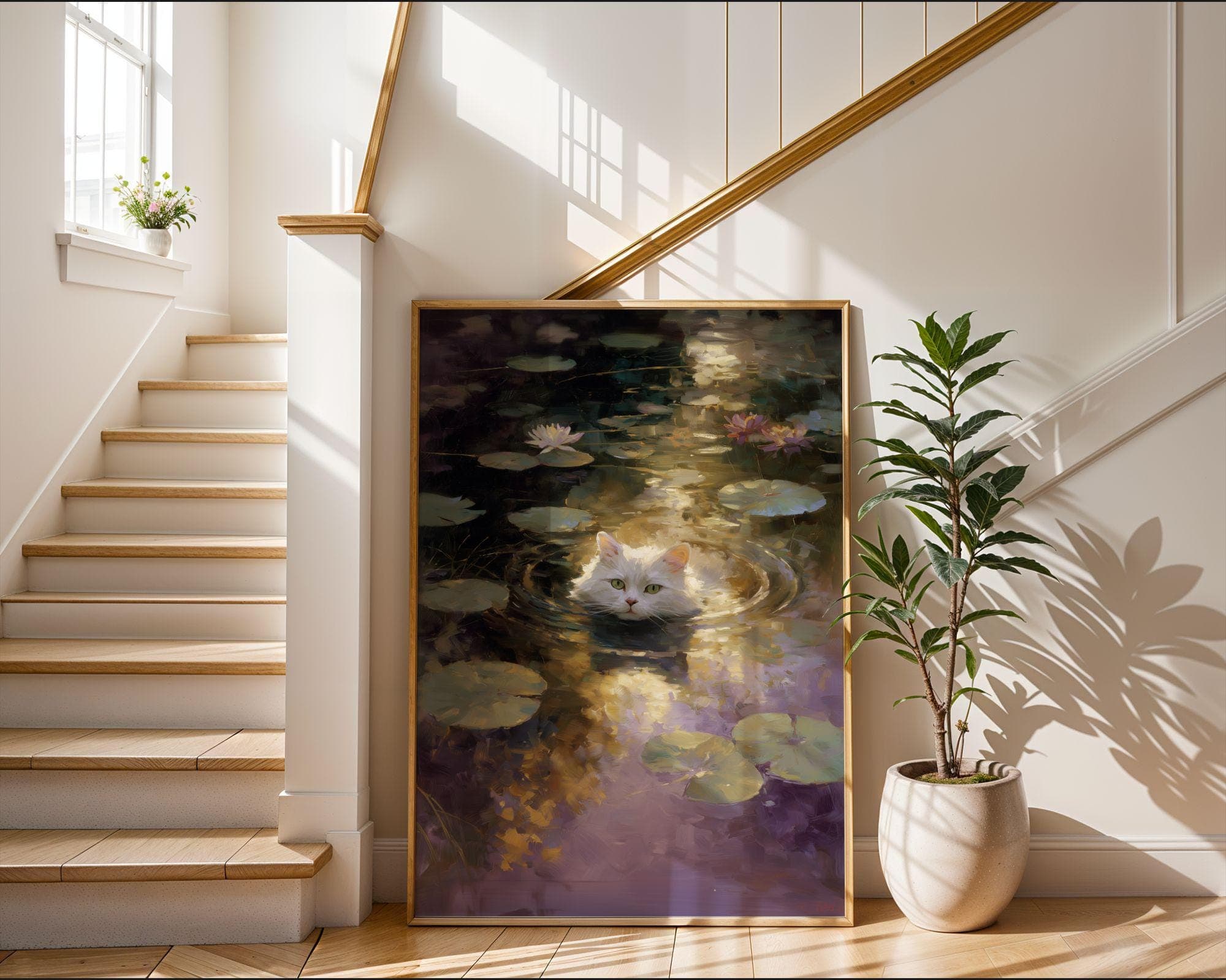Dreamy White Cat Painting, Whimsical Cat Wall Art,Cottagecore Cat Poster, Dreamy Lily Pads, Pastel Cat Wall Art | Tranquil Pond Scene - view 5
