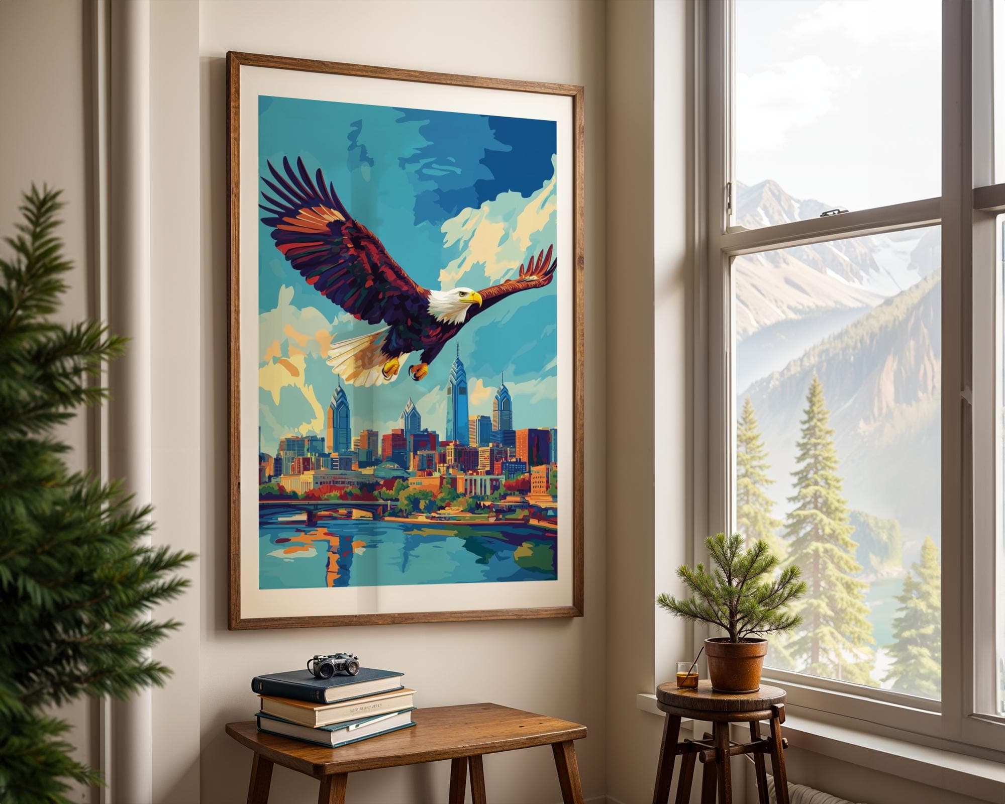 Philadelphia Wall Art, Blue Sky City Poster, Philadelphia Modern Decor, Majestic Eagle Print, Cityscape Painting, Digital Download - view 2