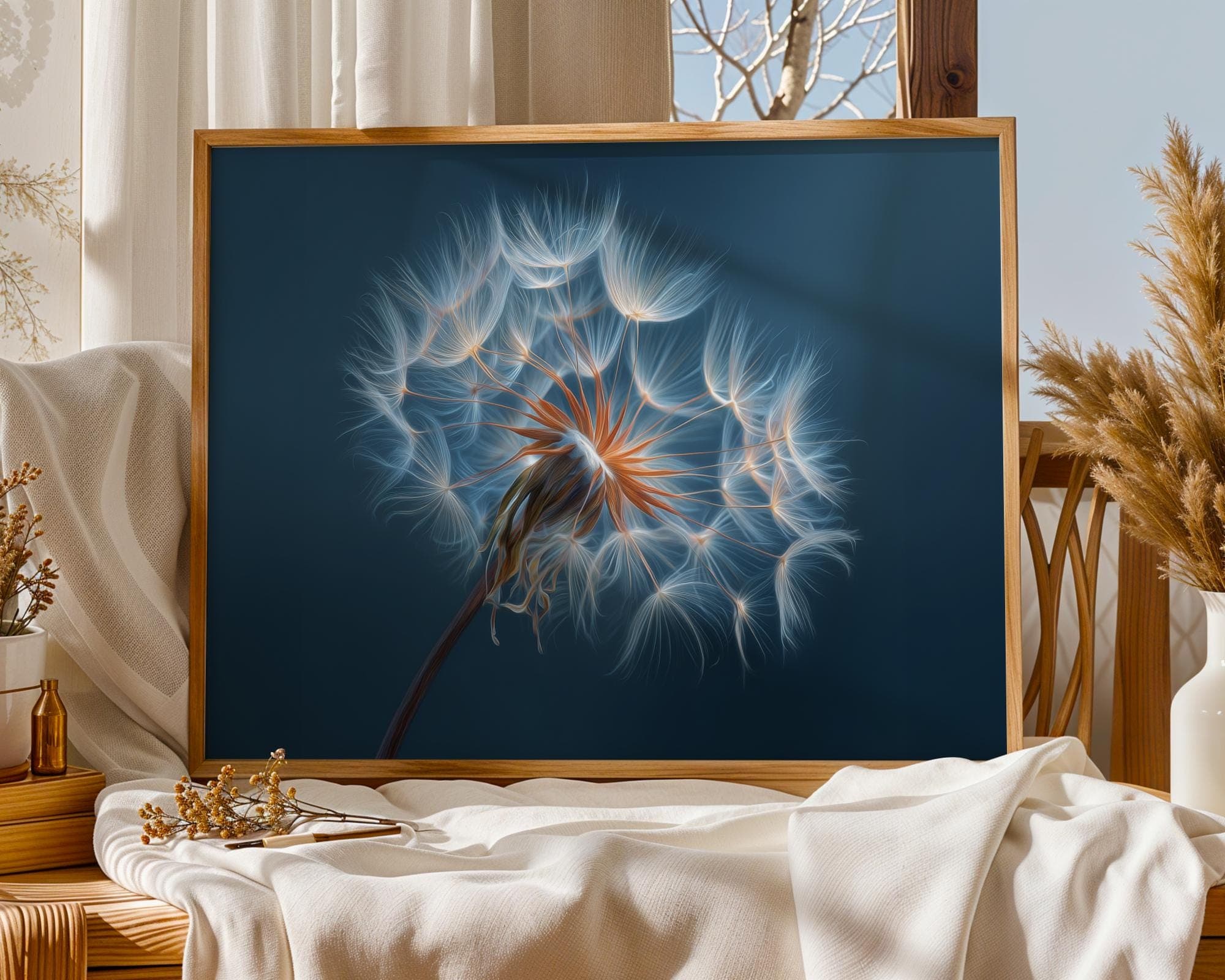 Dandelion Wall Art Digital Botanical Print Blue Background Minimal Nature Flower Poster, Glowing Botanical Digital Print, Dandelion Flower
