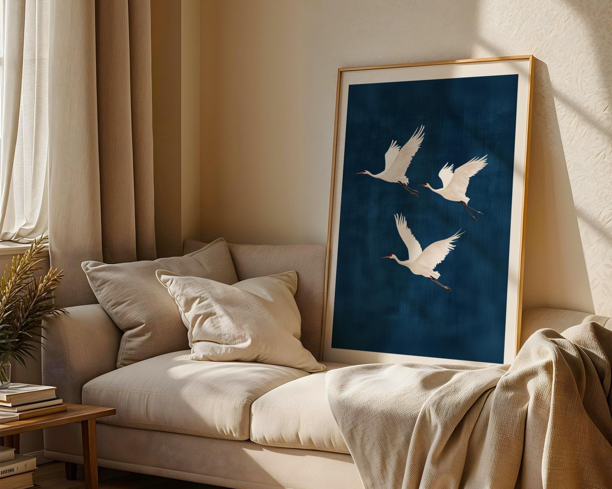 Flying Cranes on Deep Blue Background, Japandi Digital Download, Japandi Decor, Boho Bird Art, Japanese Crane Wall Art, Wabi Sabi Wall Art - view 5
