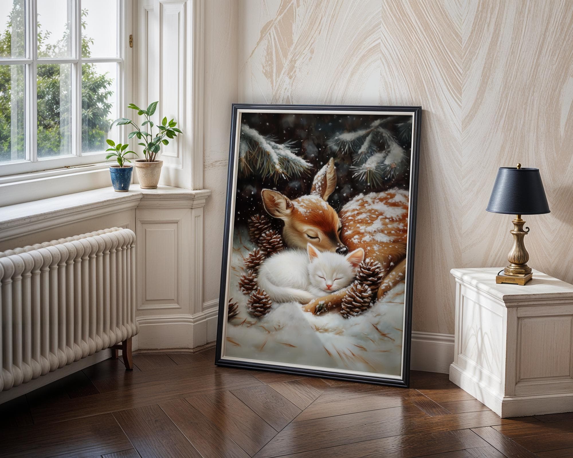Fawn and White Cat Christmas Poster, Baby Deer and Kitten Xmas Cat Wall Art, Winter Animal Wall Decor, Farmhouse Holiday Decor, Digital Art - view 7