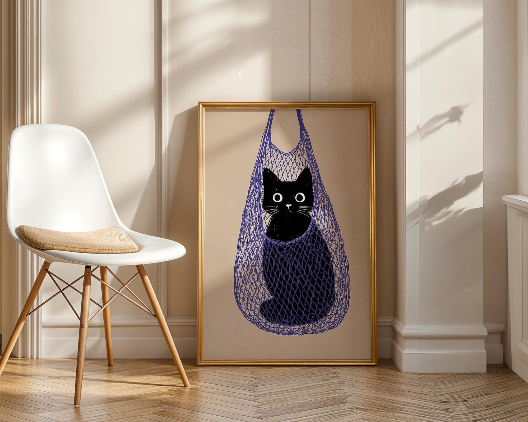 Funny Cat Wall Print, Quirky Cat Lover Gift, Whimsical Black Cat Wall Art, Black Cat in Bag Minimal Wall Art, Animal Art, Quirky Cat Decor - view 6