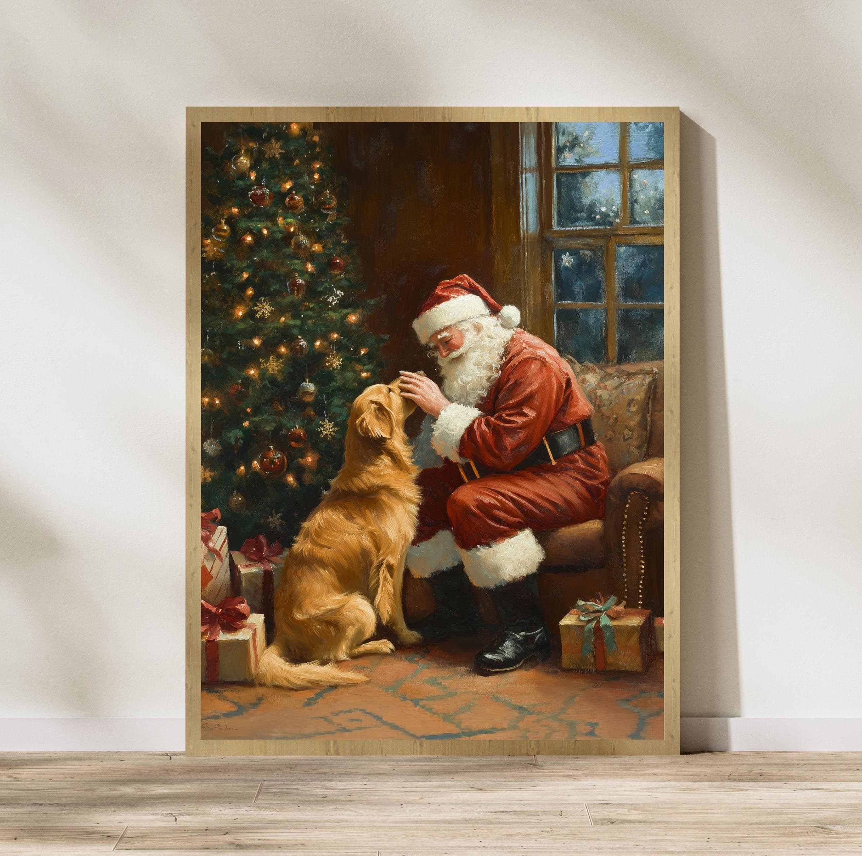 Santa and Golden Retriever - Cozy Christmas Wall Art Print, Warm Holiday Wall Art Print, Golden Retriever Christmas Art, Digital Download