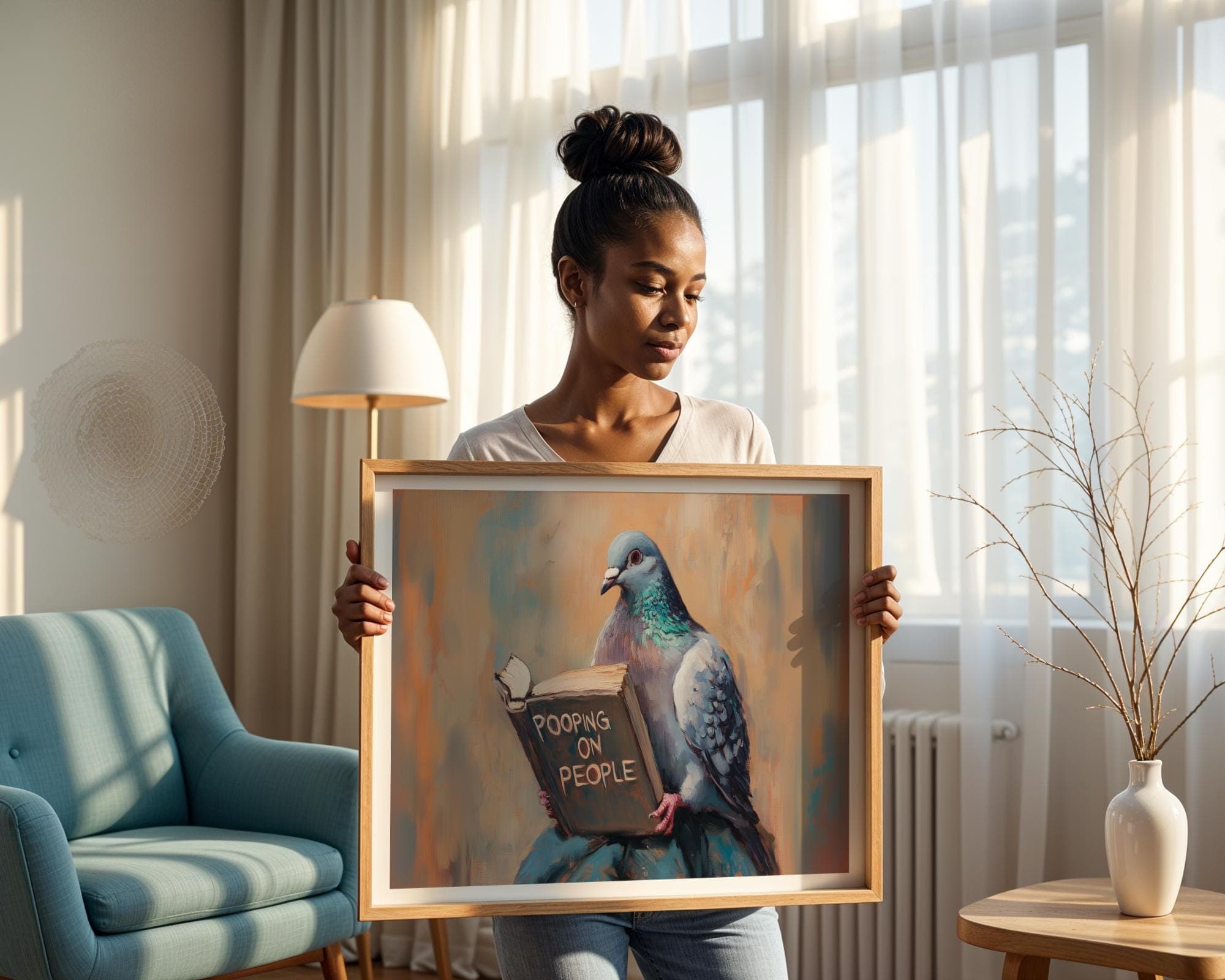 Funny Pigeon, Bird Reading Book, Bathroom Funny Posters, Humorous Pet, Digital Wall Art, Pooping On People Poster, Art Digital Download - view 2