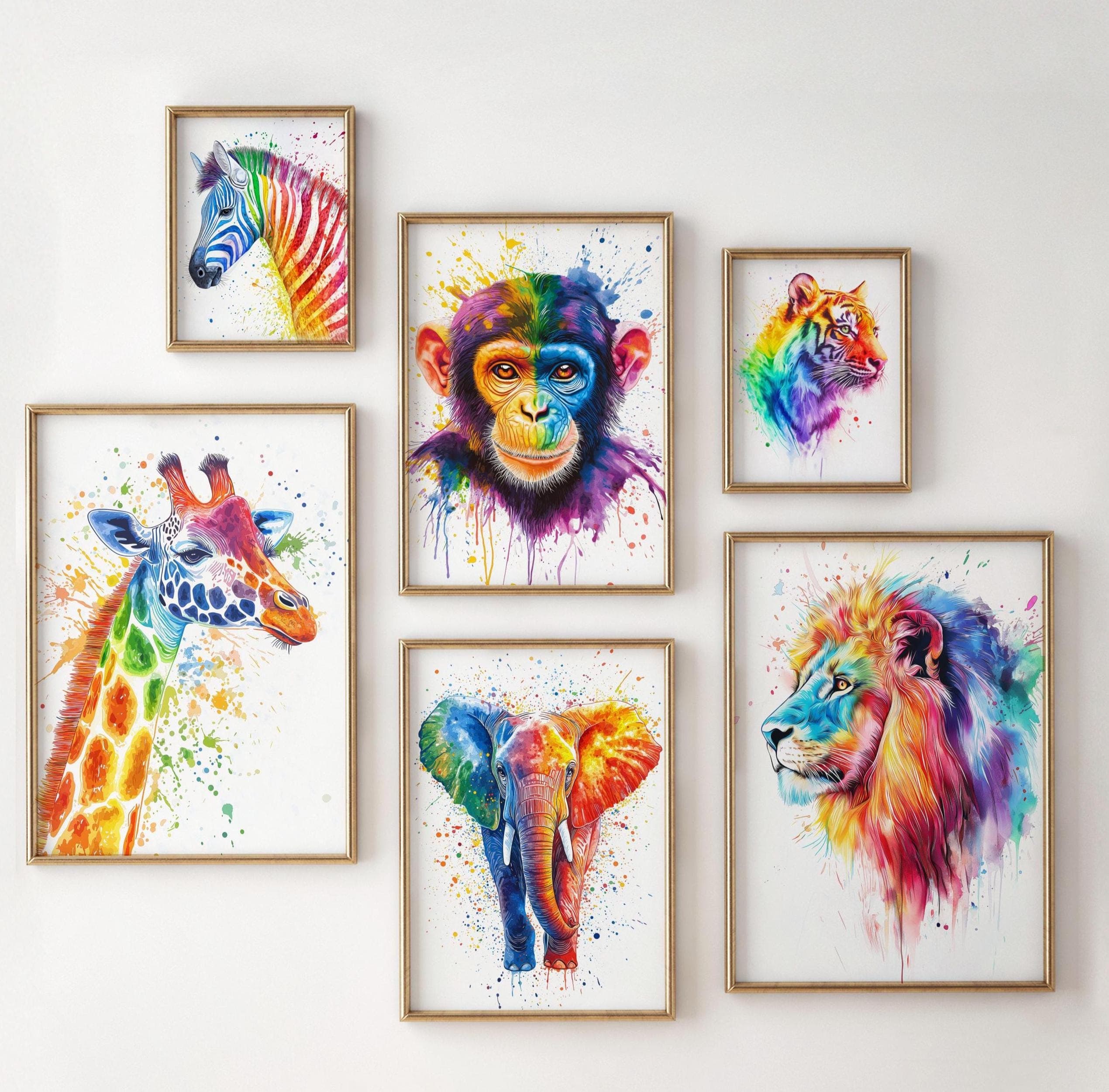 Set of 6 Safari Animals Watercolor Printable Art, Colorful Painting Wall Art, Nursery Children Gift, Rainbow Animal Wall Art, Tiger Poster