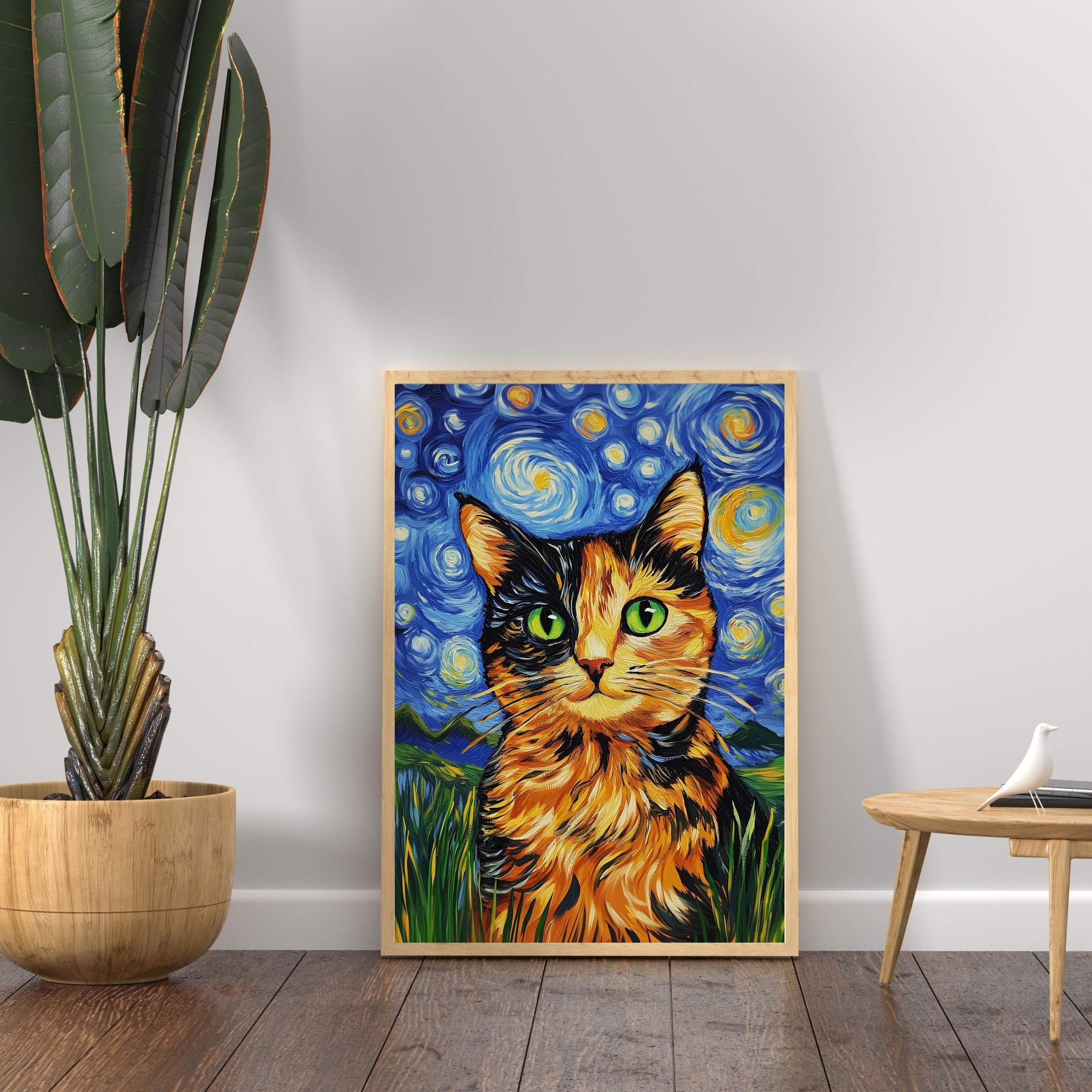 Abstract Cat Wall Art, Van Gogh Inspired Starry Night Cat, Colorful Wall Art Inspired by Van Gogh, Colorful Abstract Cat Painting, Cat Print - view 4