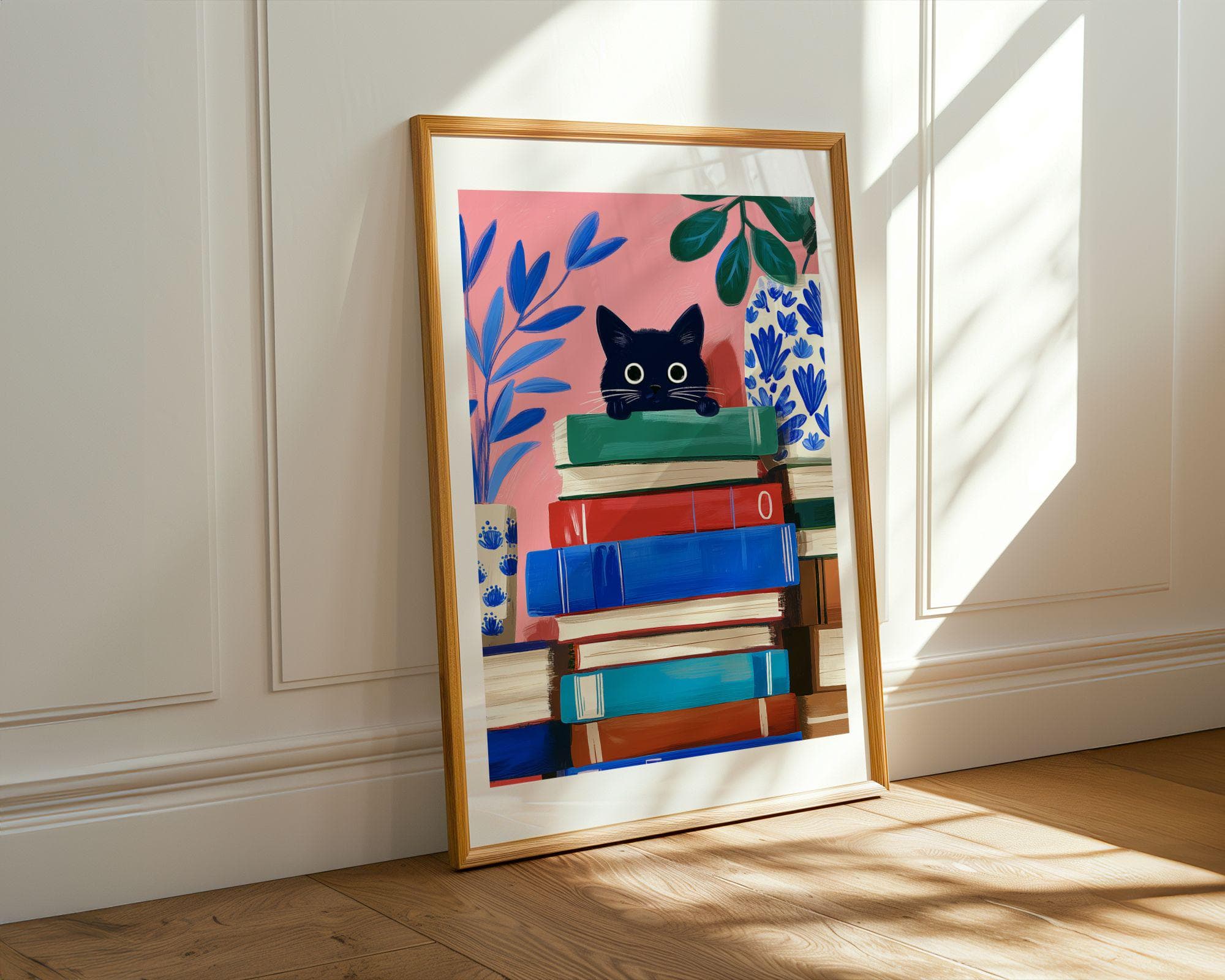Whimsical Black Cat Wall Art, Book Lover Cat Art, Playful Black Cat Poster, Funny Black Cat Digital Painting, Pink Aesthetic Black Cat Decor - view 3