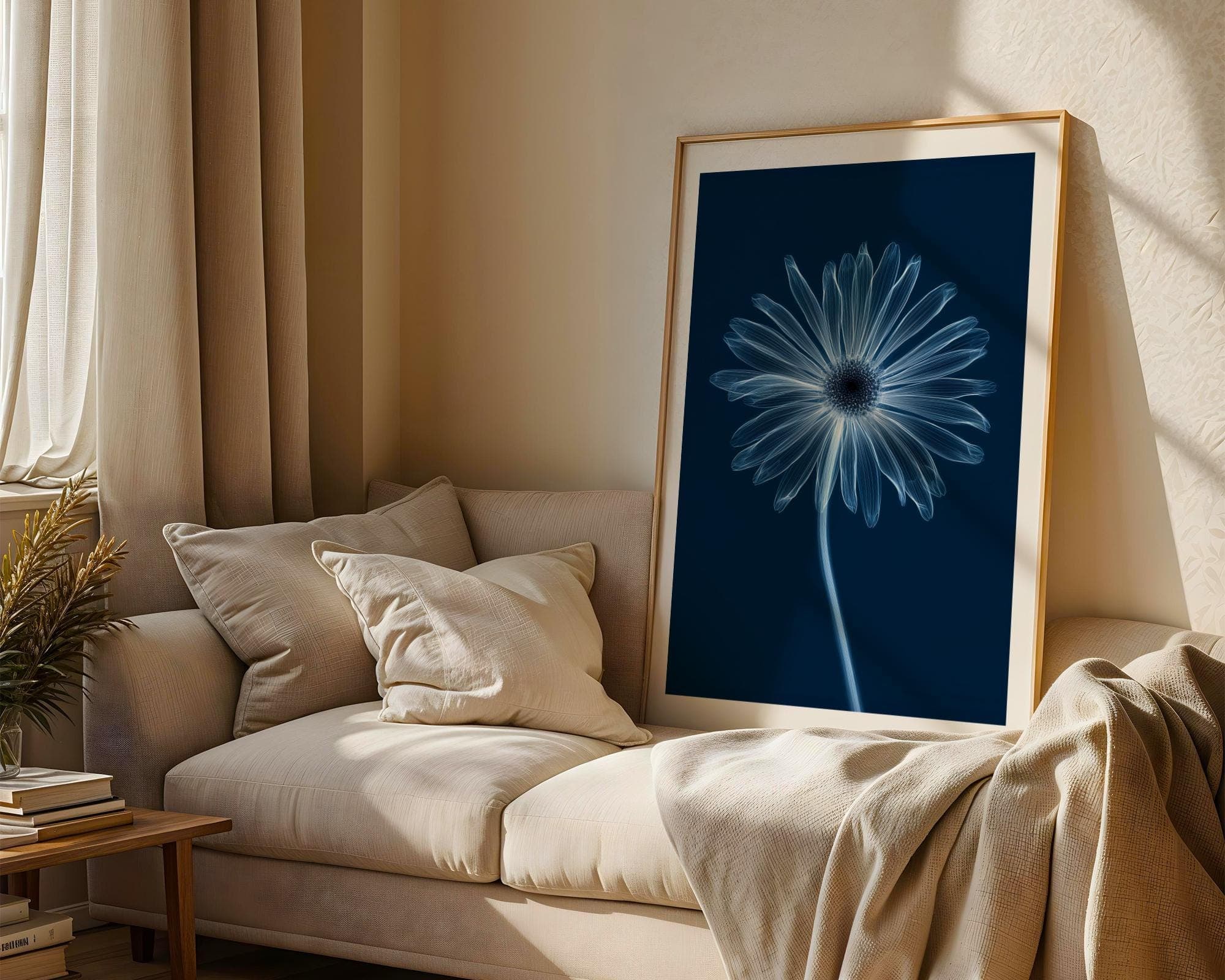X-Ray Daisy Flower Wall Art Print, Minimal Blue Botanical Poster, Minimalist Blue Botanical Decor, Modern X-Ray Daisy Art, Blue Botanical - view 6