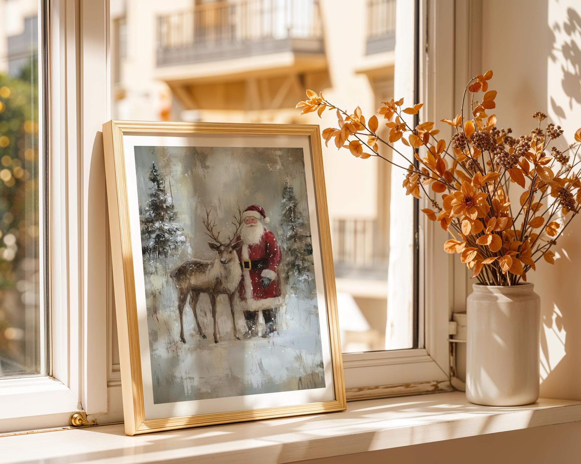 Santa Claus Reindeer Wall Art Print, Forest Snowfall in Winter Printable, Christmas Home Decor, Digital Download, Holiday Home Improvement - view 7
