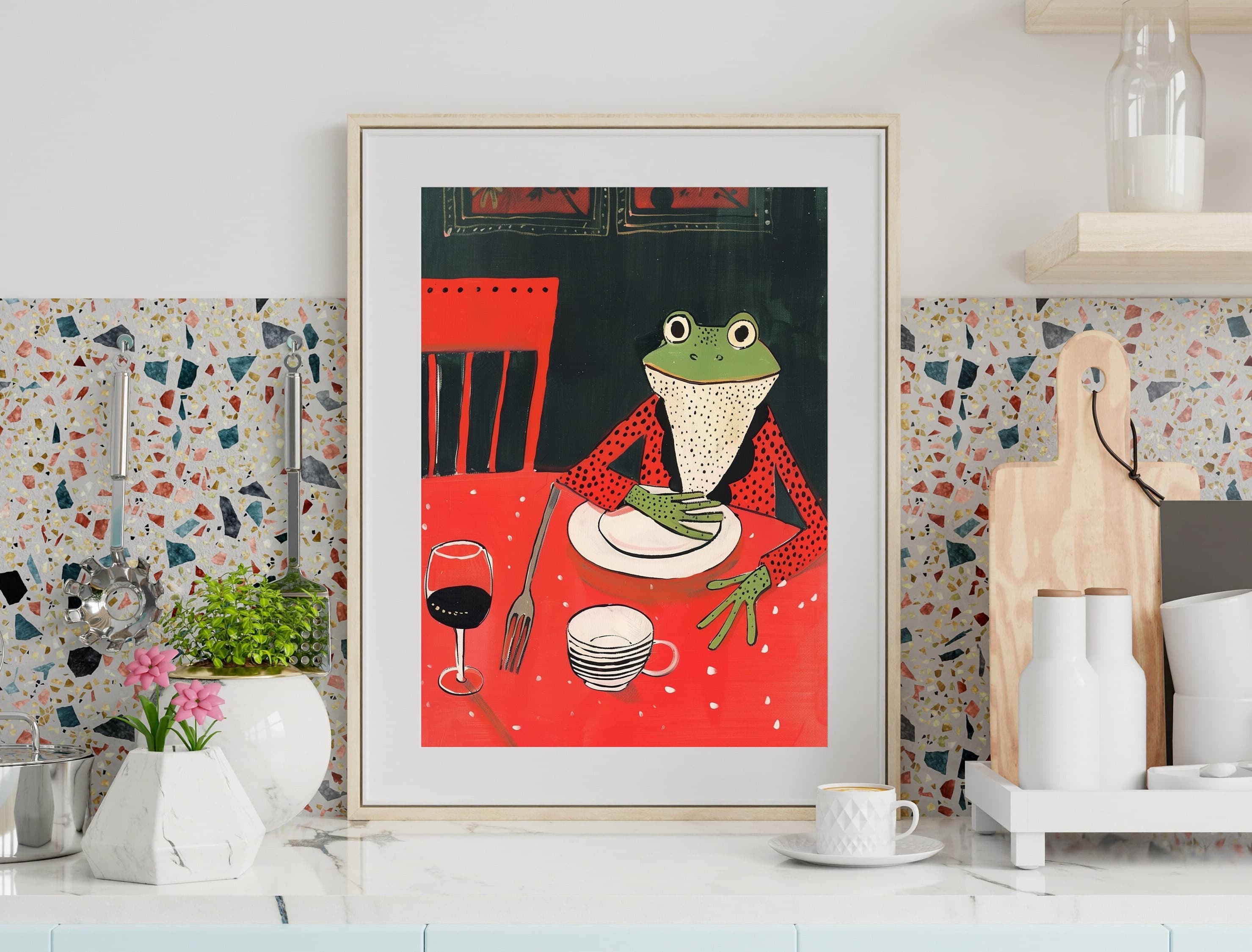 Frog at the Dinner Print, Frog Doing Things, Animal Lover Gift, Funny Frog Poster, Abstract Art, Minimalist Frog Art, Pet Lover Unique Gift - view 3