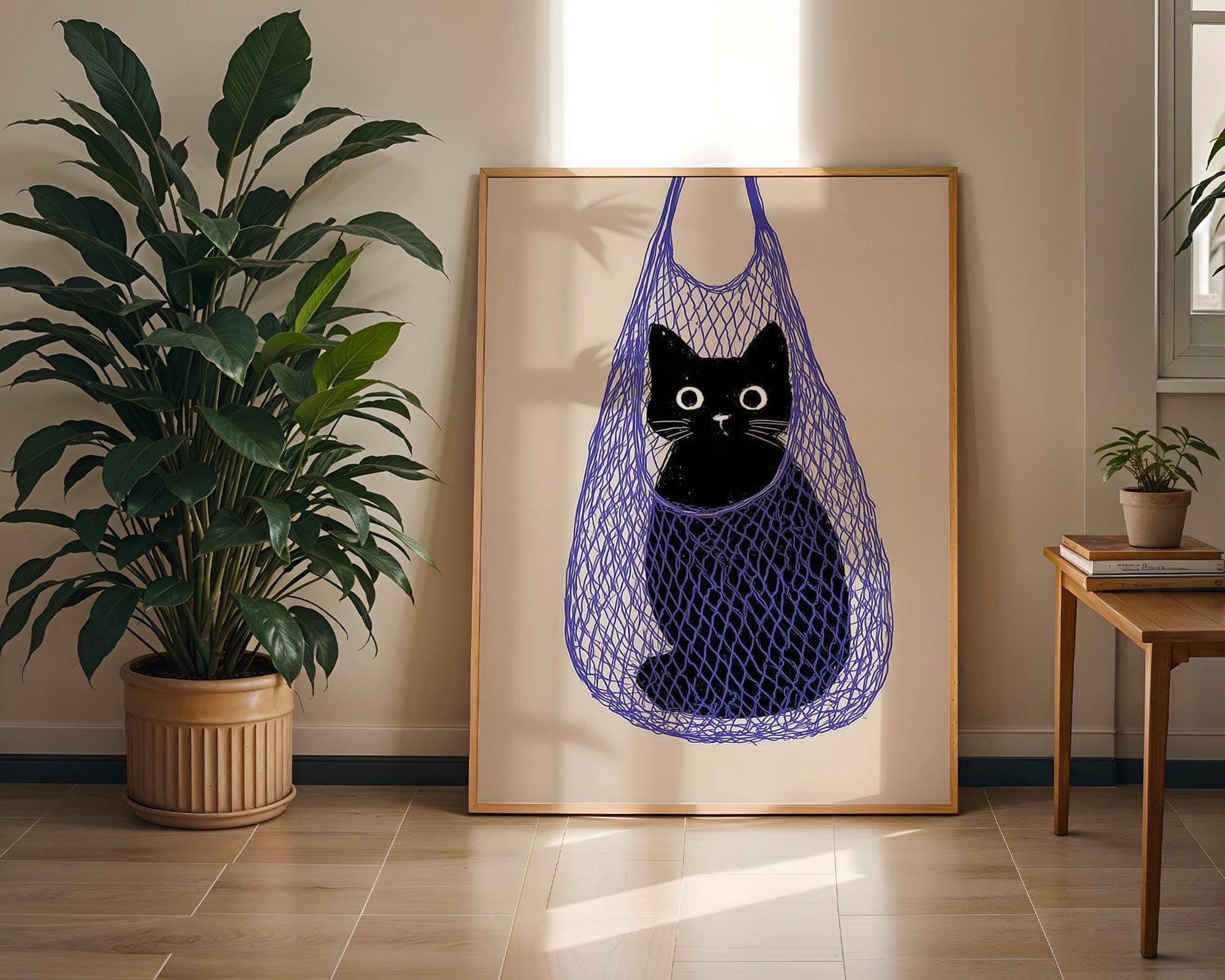 Funny Cat Wall Print, Quirky Cat Lover Gift, Whimsical Black Cat Wall Art, Black Cat in Bag Minimal Wall Art, Animal Art, Quirky Cat Decor - view 2
