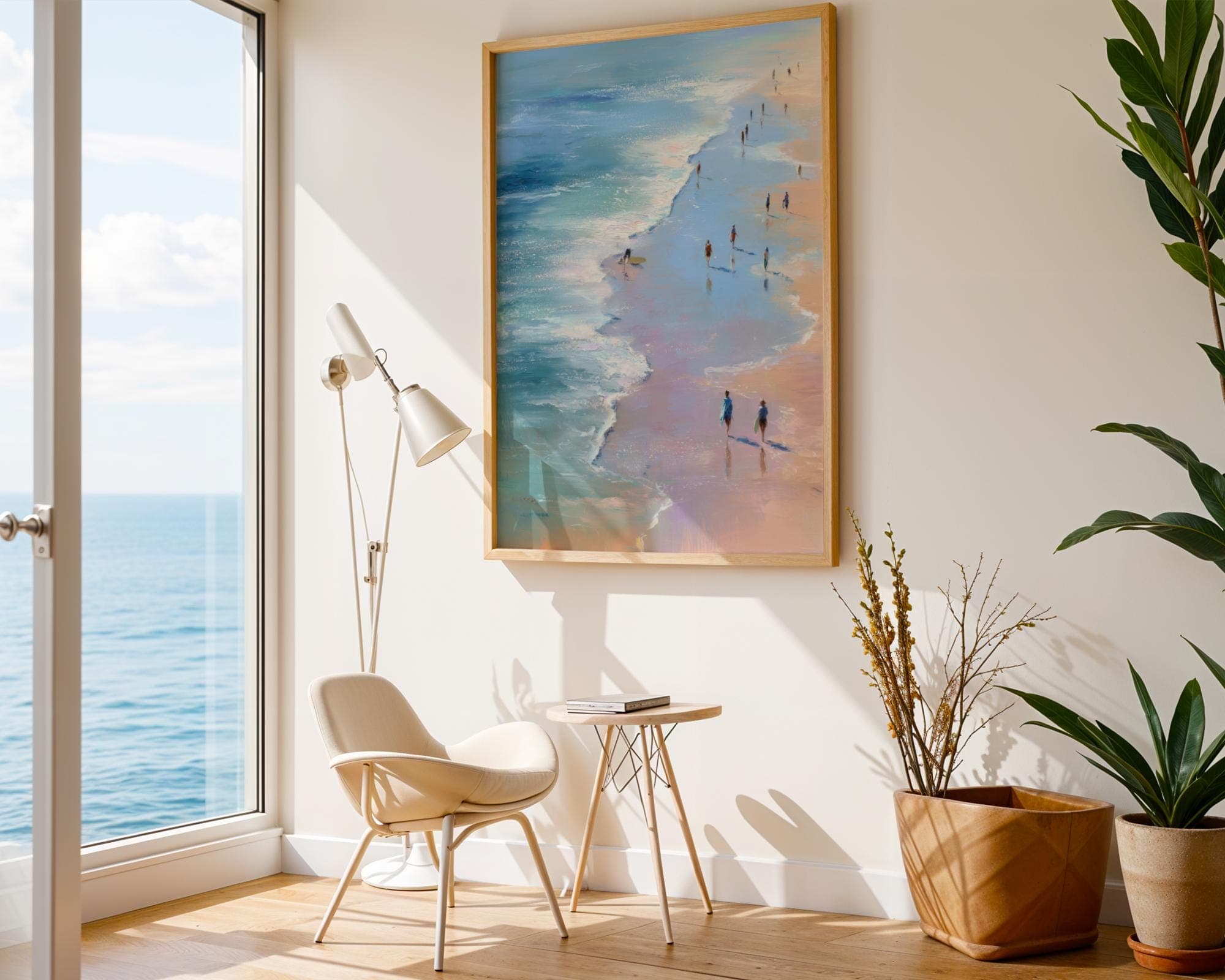 Beach Walk Painting Print – Coastal Wall Art with People, Ocean and Pastel Tones, Pastel Coastal Art Print, Minimalist Beach Painting - view 6