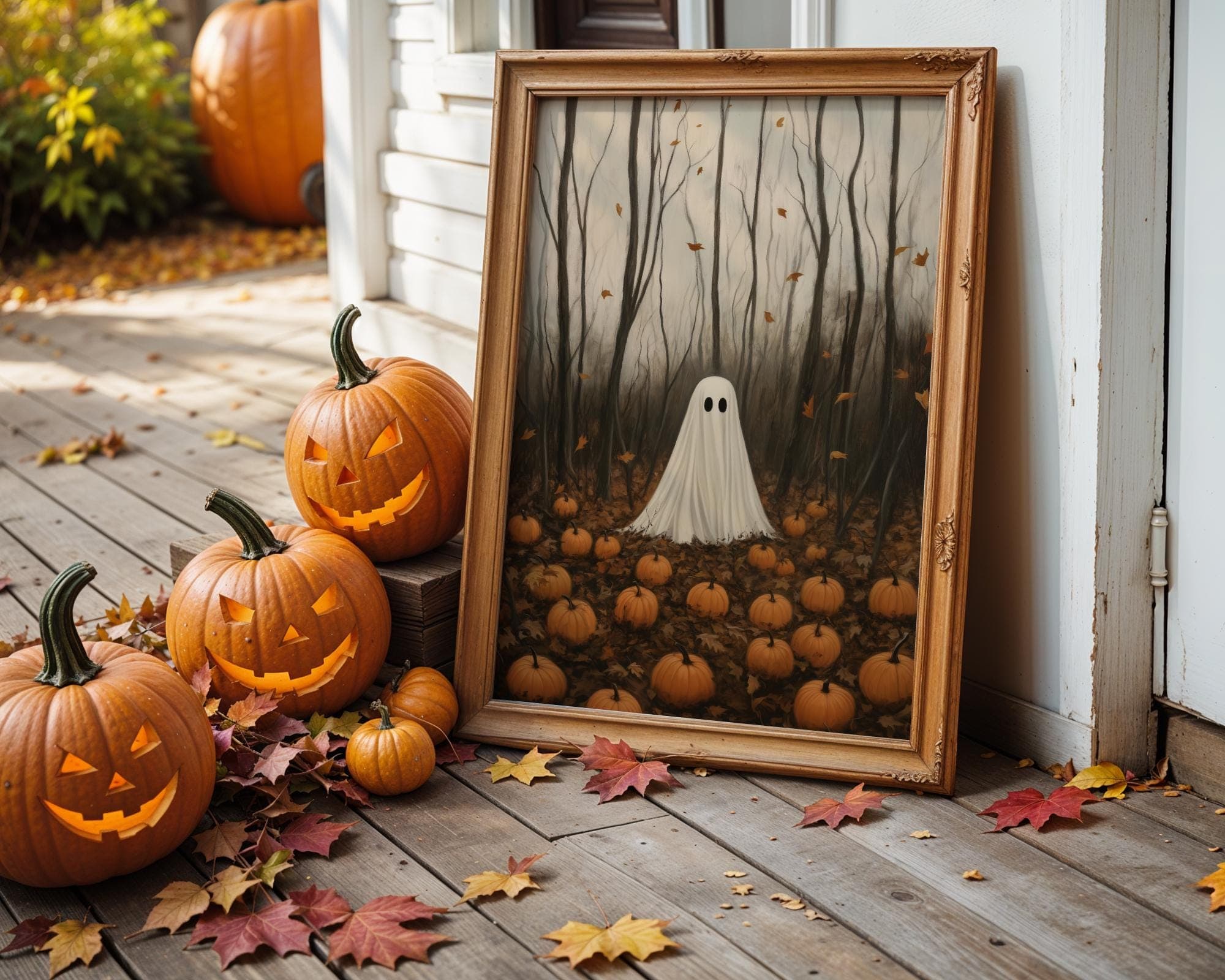 Ghost in the Woods with Pumpkins, Dark Academia, Cottagecore Spooky Decor, Halloween vintage poster, gothic oil painting, haunting ghost - view 3