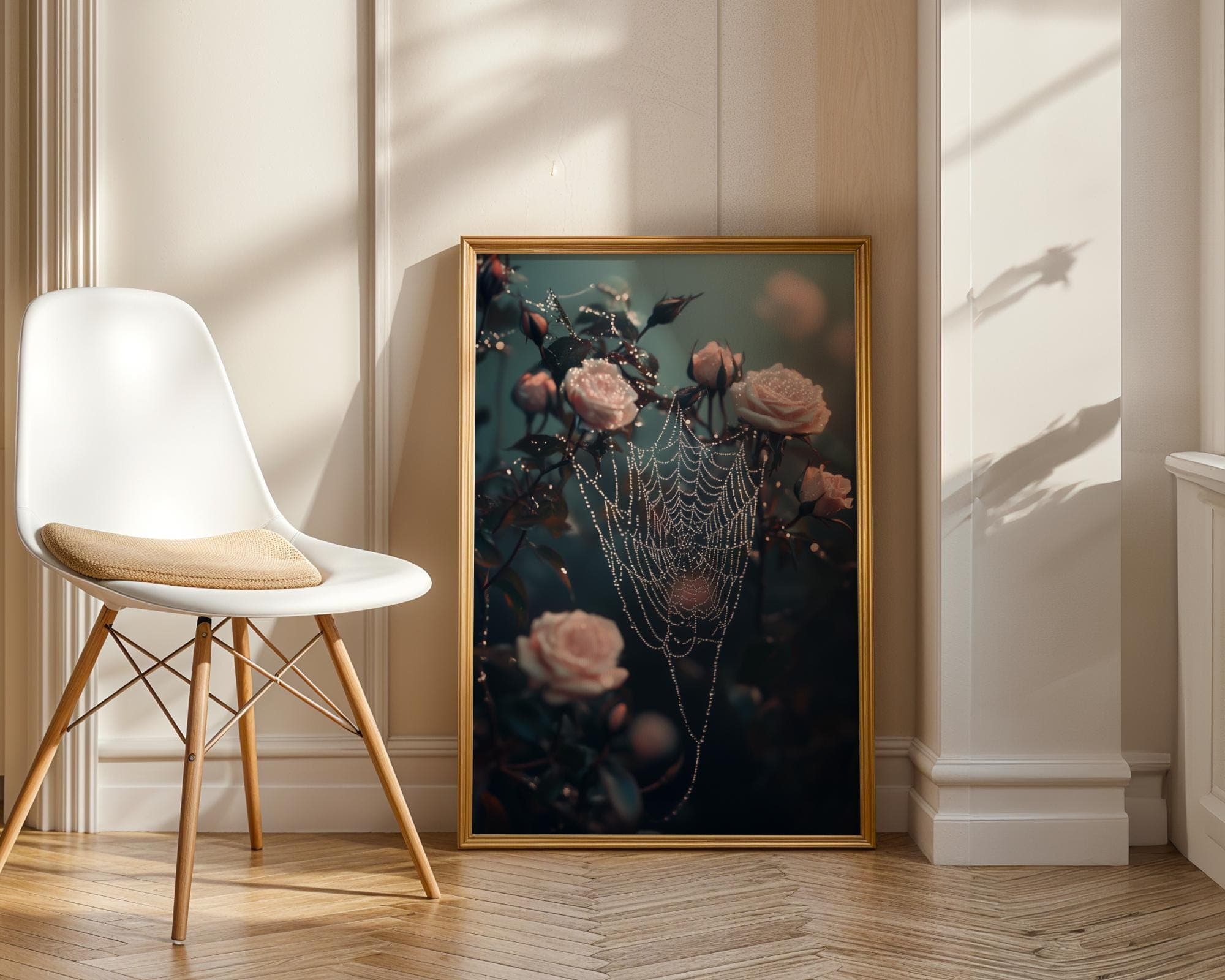 Moody Spiderweb and Pink Rose Wall Art Print, Vintage Botanical Gothic Wall Poster, Dark Academia Decor, Digital Download, Moody Wall Art - view 5