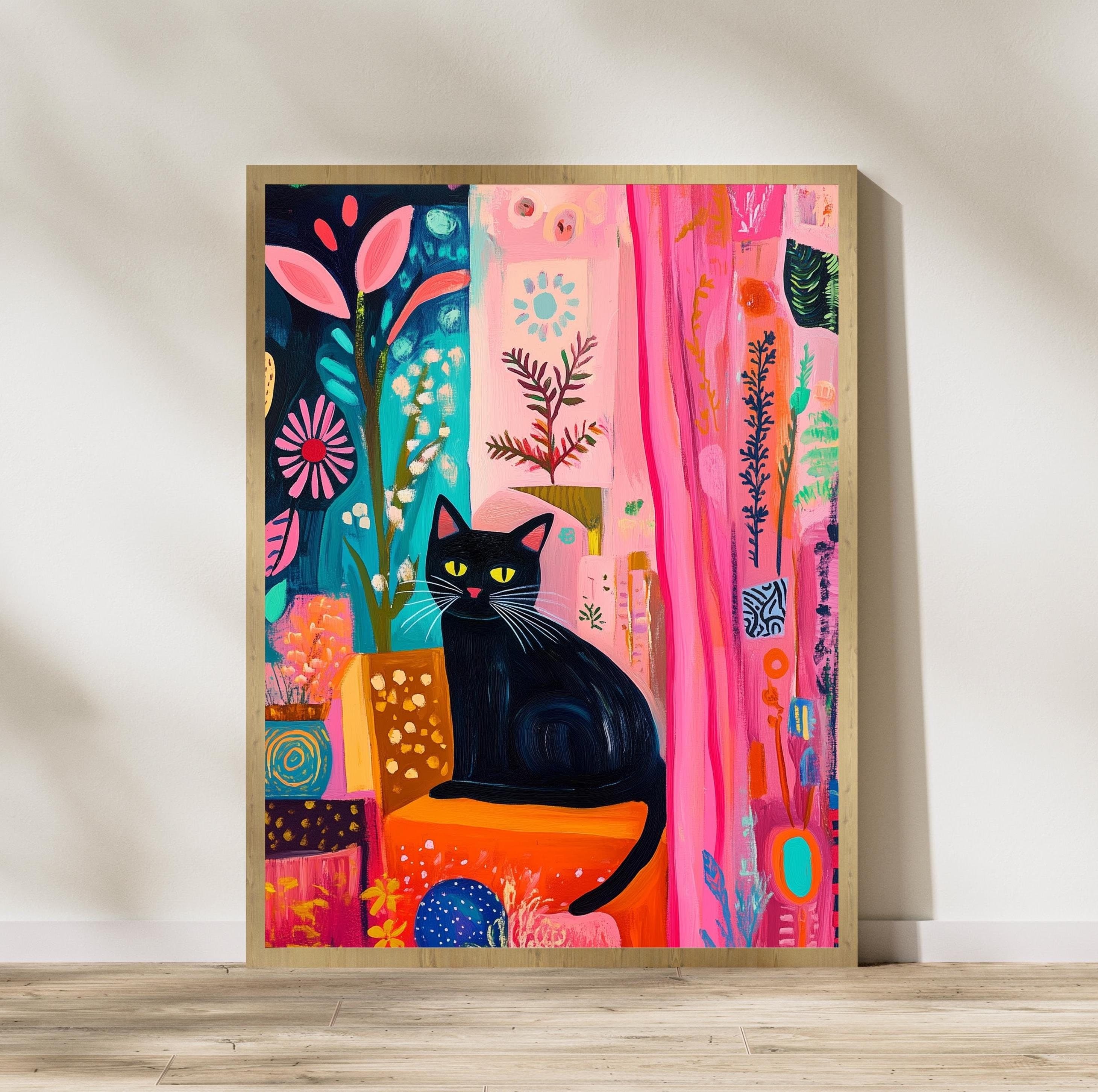 Black Cat with Bright Florals Poster,  Pink and Teal Art Print, Colorful Black Cat Art, Preppy Room Decor, Abstract Black Cat Poster