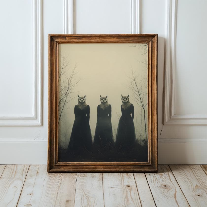 Surreal Gothic Owl Women Wall Art – Creepy Forest Print for Witchy Dark Academia Decor, Moody Sepia Surreal Print, Whimsical Gothic Decor
